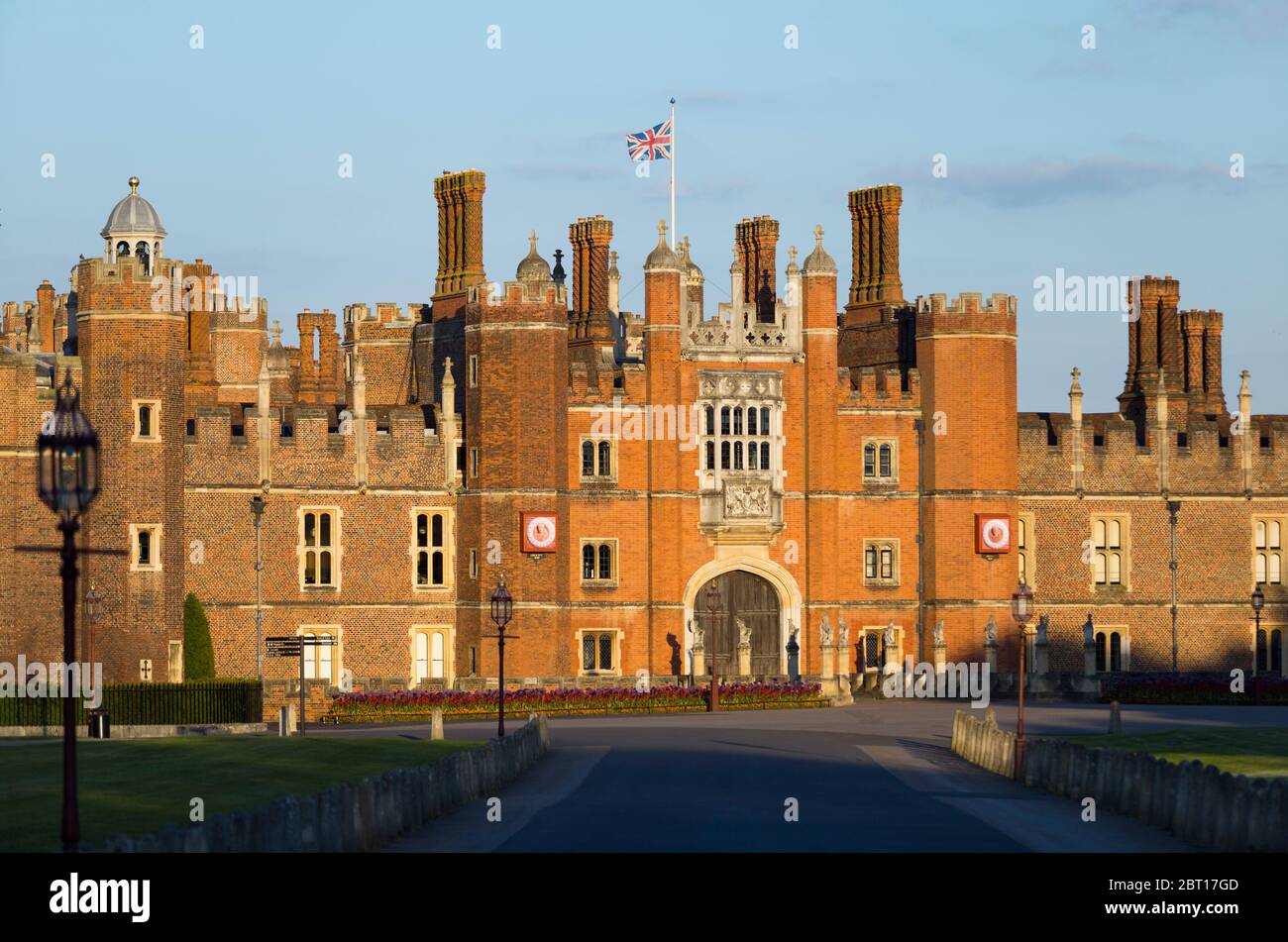 Hampton Court Palace Central Gatehouse, West Front, seen from the main entrance gate down the front drive to the Tudor brick historic palace. UK (119) Stock Photo