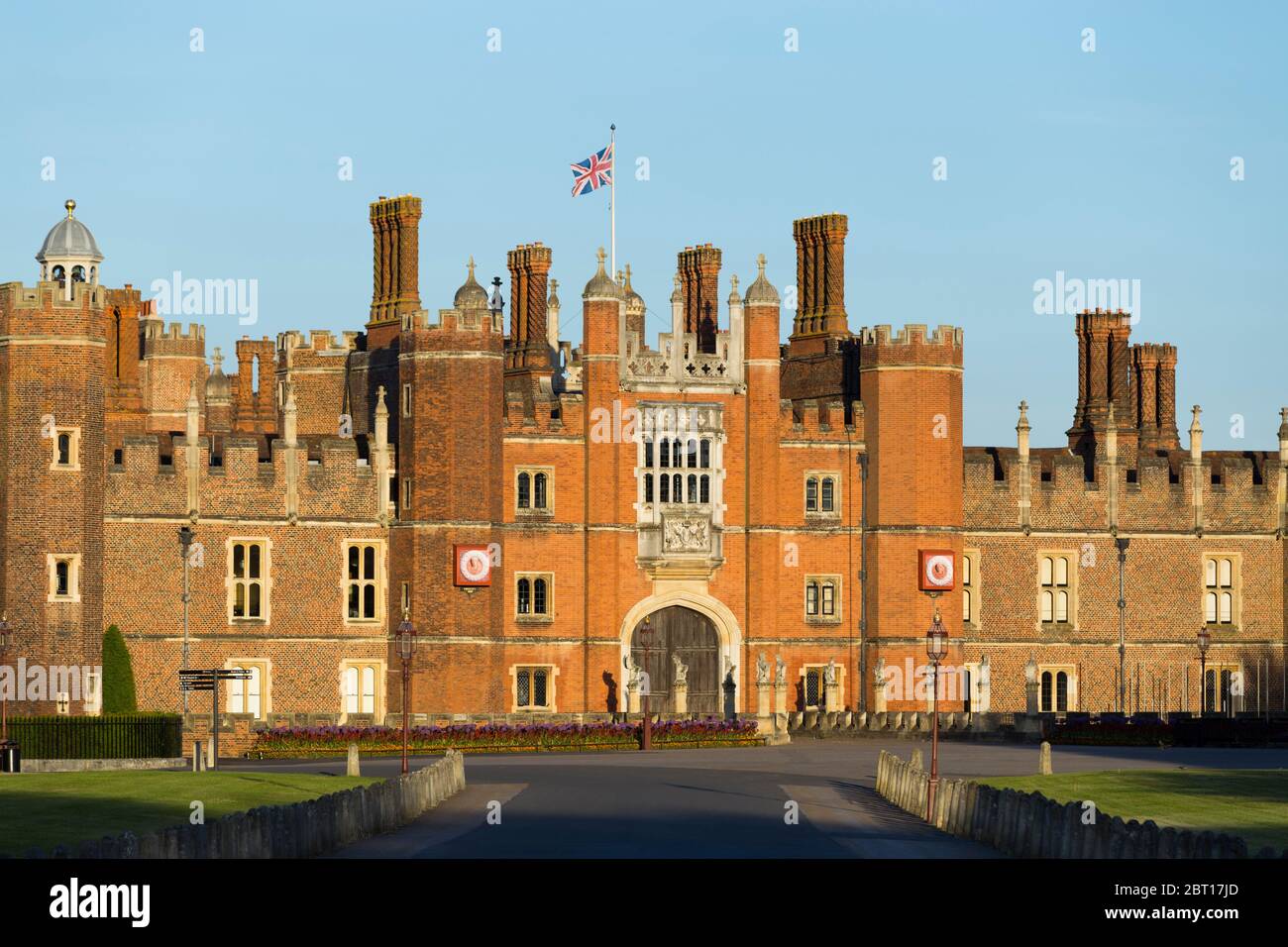 Hampton Court Palace Central Gatehouse, West Front, seen from the main entrance gate down the front drive to the Tudor brick historic palace. UK (119) Stock Photo