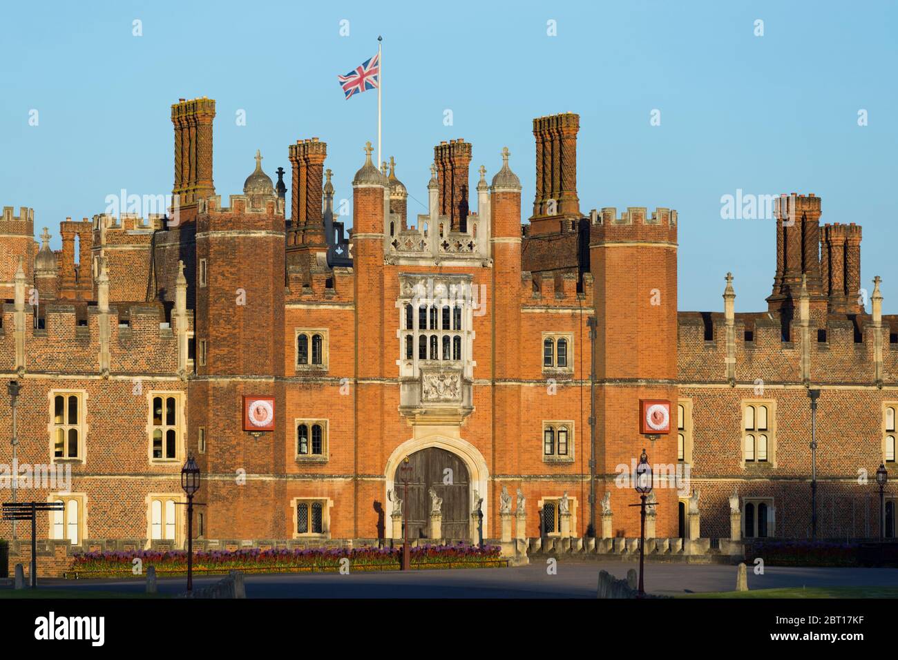 Hampton Court Palace Central Gatehouse, West Front, seen from the main entrance gate down the front drive to the Tudor brick historic palace. UK (119) Stock Photo