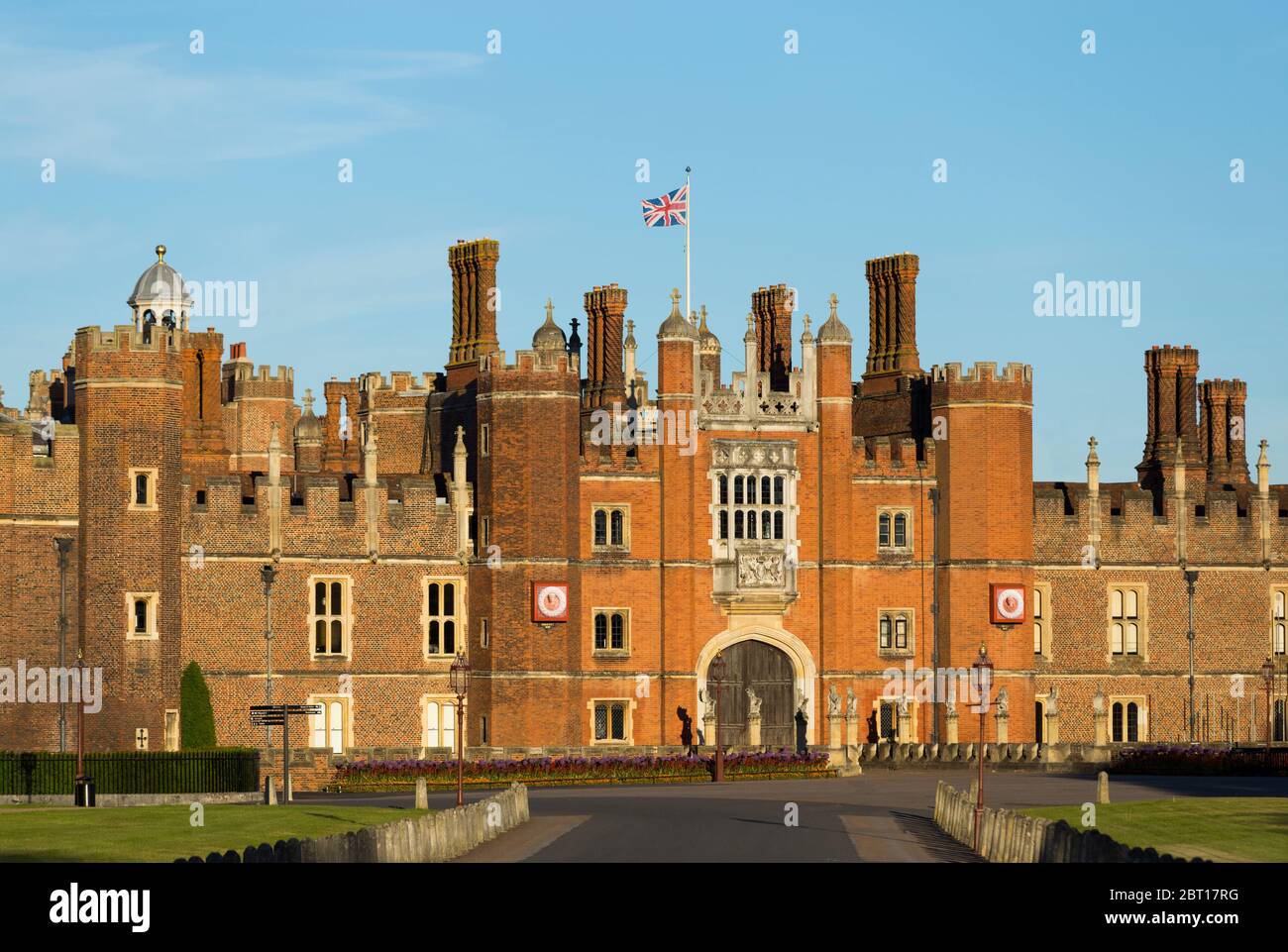 Hampton Court Palace Central Gatehouse, West Front, seen from the main entrance gate down the front drive to the Tudor brick historic palace. UK (119) Stock Photo