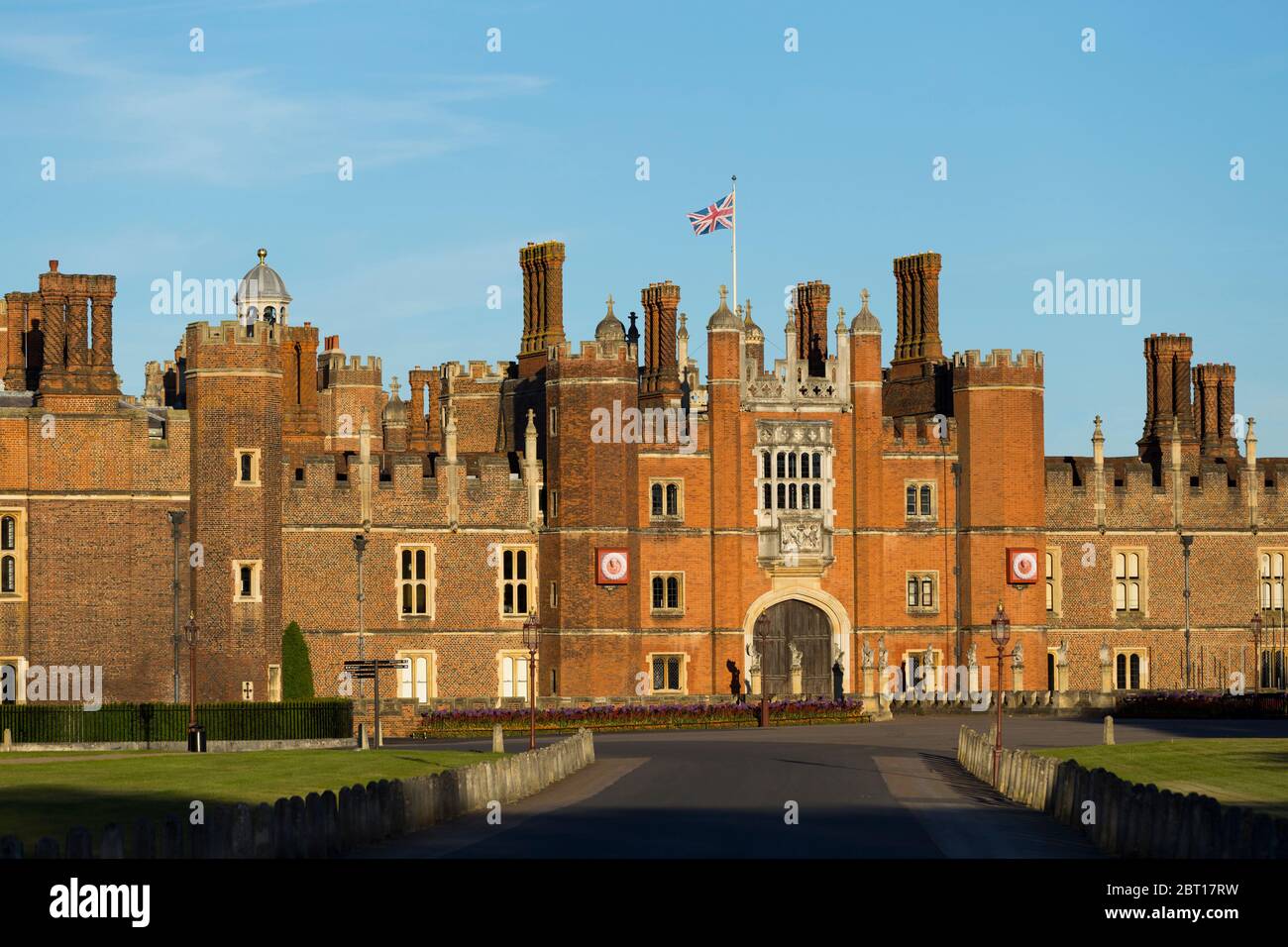 Hampton Court Palace Central Gatehouse, West Front, seen from the main entrance gate down the front drive to the Tudor brick historic palace. UK (119) Stock Photo