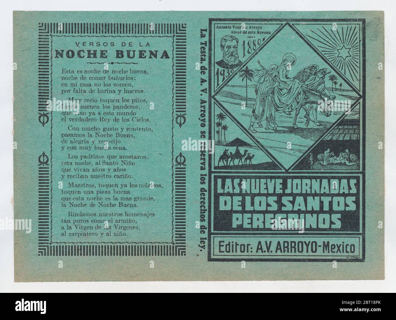 Cover for 'Las Nueves Jornadas de los Santos Peregrinos', Mary on horseback and Joseph being guided through Egypt by an angel, ca. 1880. Stock Photo