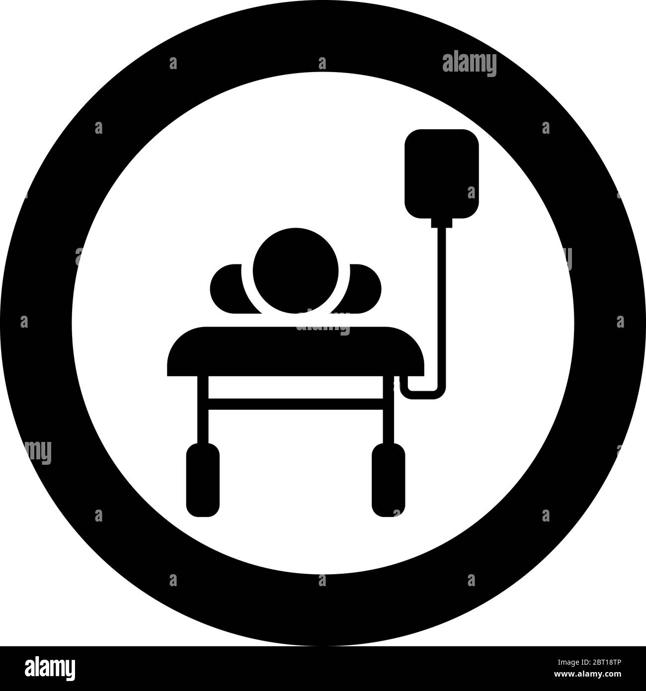 Patient lying on medical bed couch with dropper Man with dropping bottle Emergency therapy concept injecting resuscitation Intensive care icon in Stock Vector