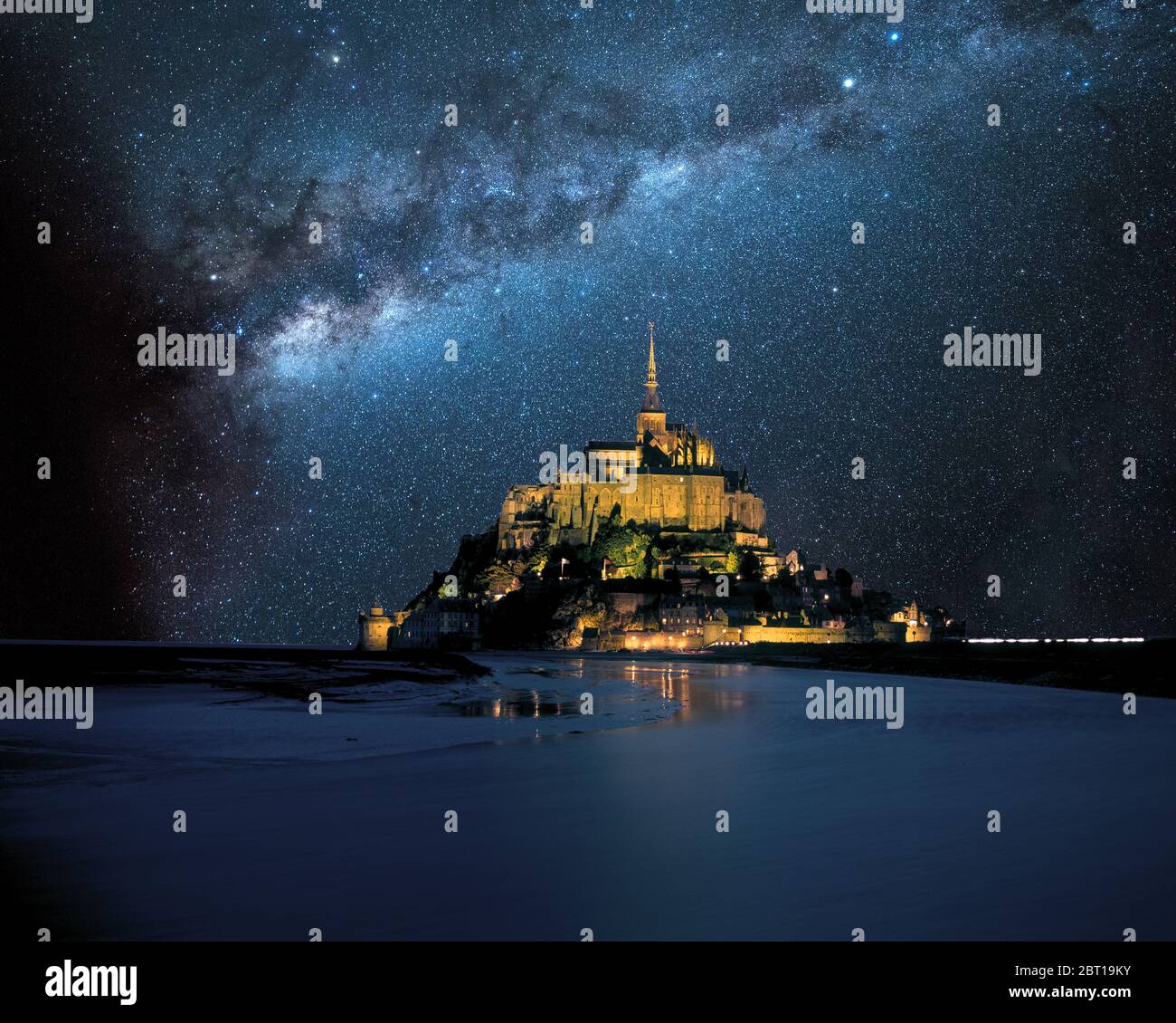 Le Mont St. Michel, Normandy, France and the Milky Way Stock Photo