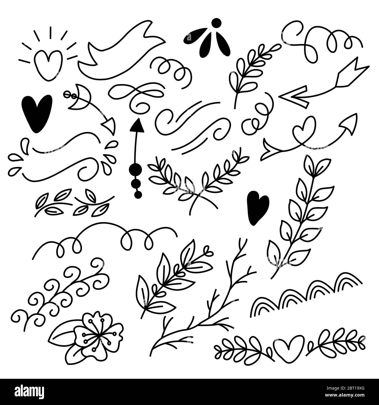 Set of small decorative elements arrows, ribbons, twigs, leaflets, strokes. For the design of diaries, cards, notebook covers, frames Stock Vector