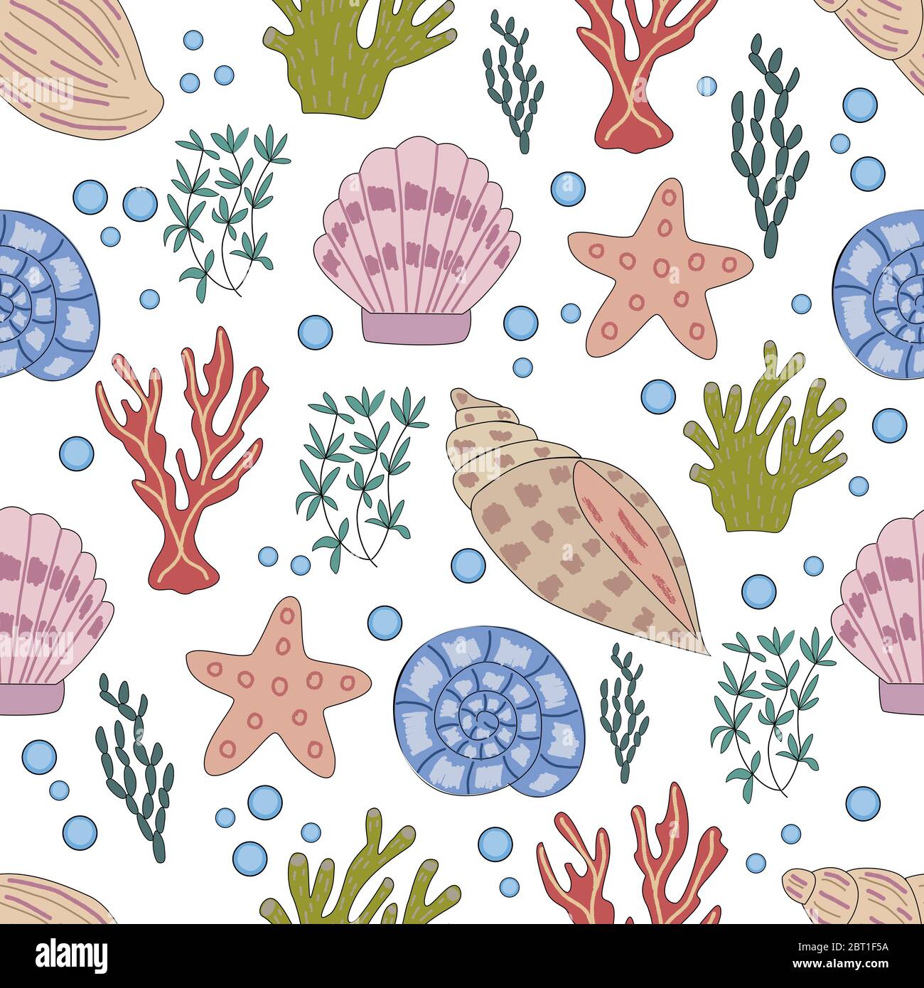 Seamless pattern of sea animals and corals in vector graphics on a white background. For the design of childrens, cartoon illustrations, postcards Stock Vector