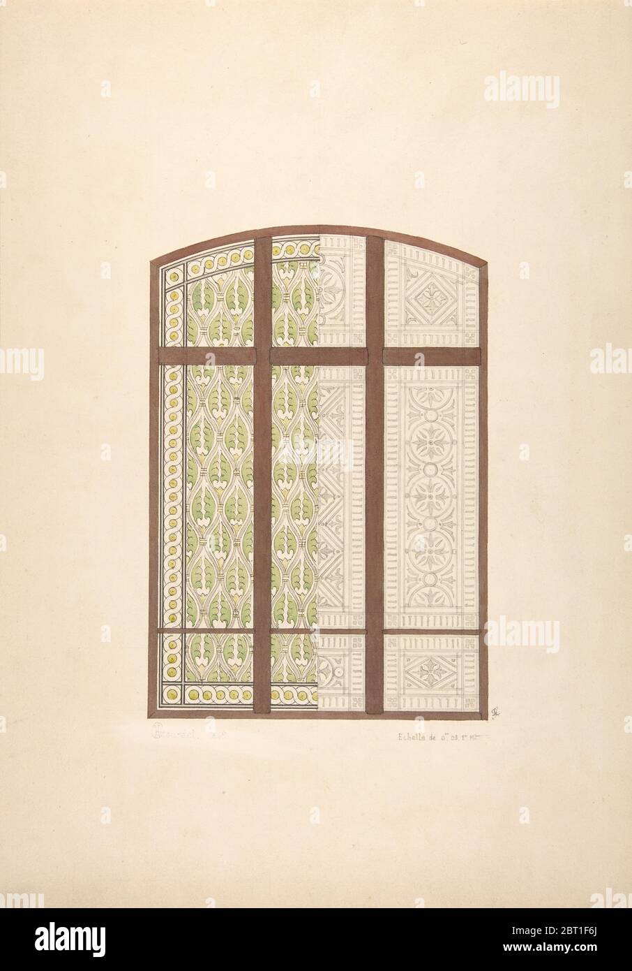 Design for an arched stained glass window, showing two alternative patterns, 1869 Stock Photo