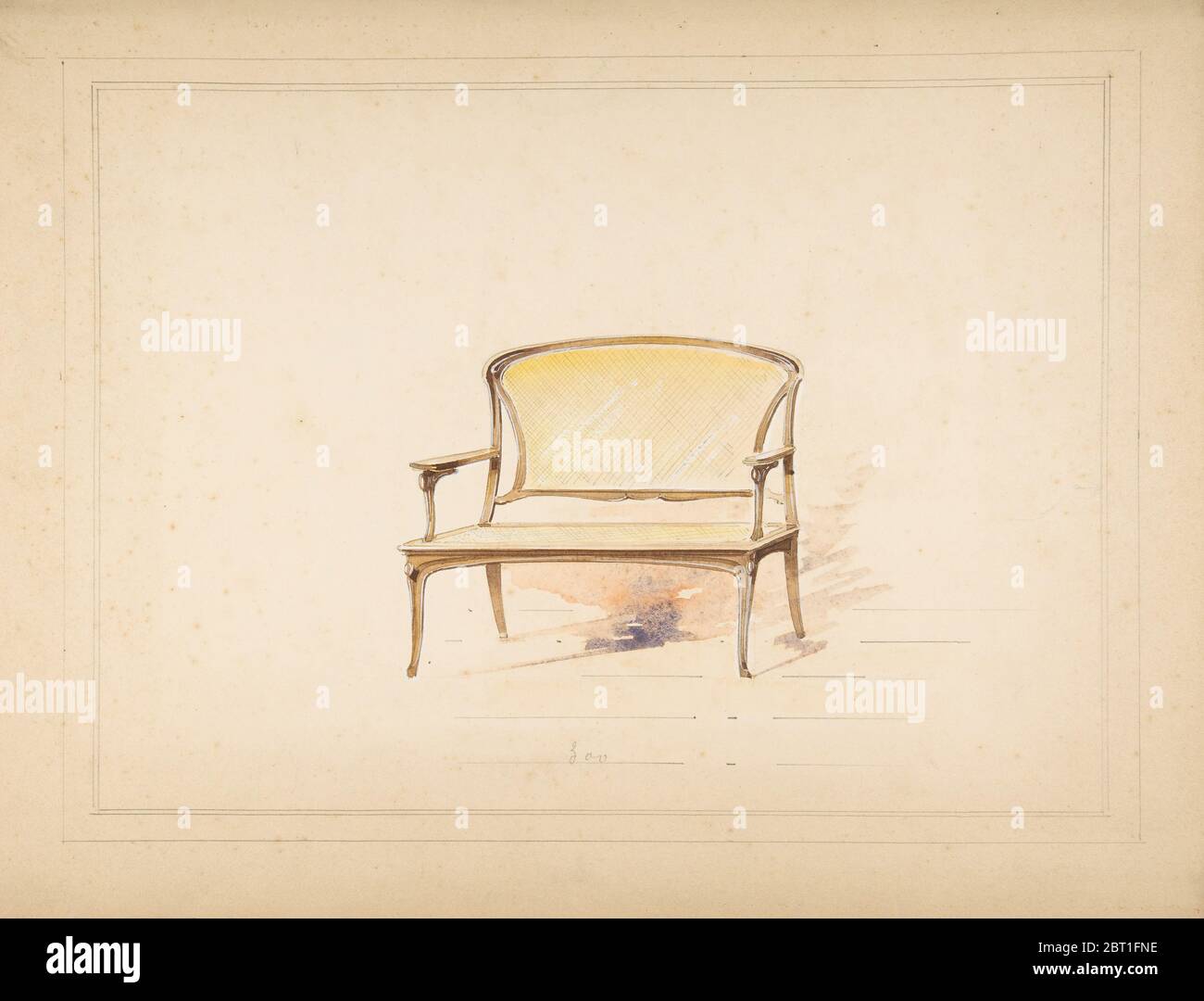 Design for Art Nouveau Loveseat with Caning, 19th century. Stock Photo