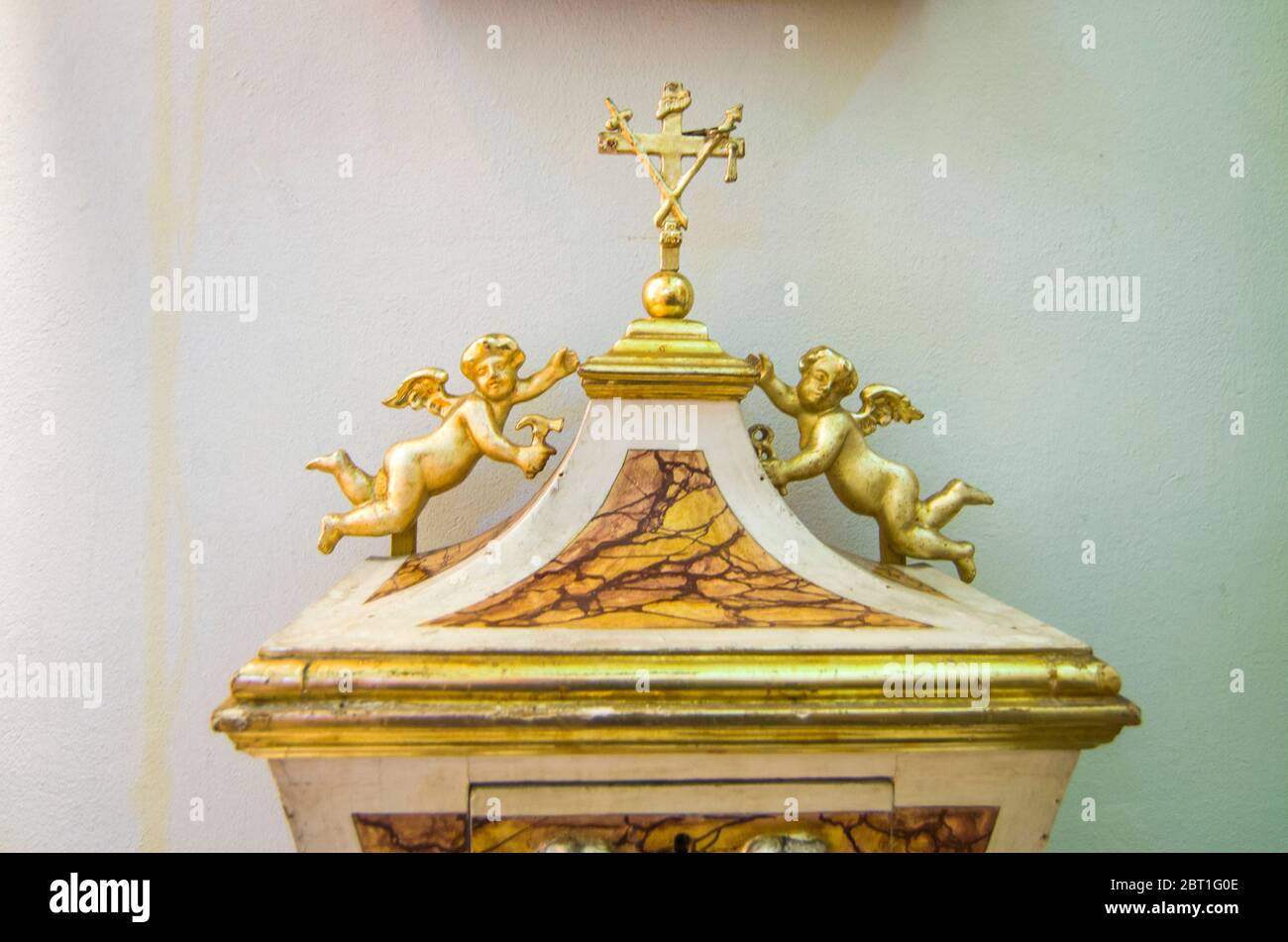 tabernacle decorated to guard the sancra ostia for Holy Mass in the old sacristy of the church Stock Photo