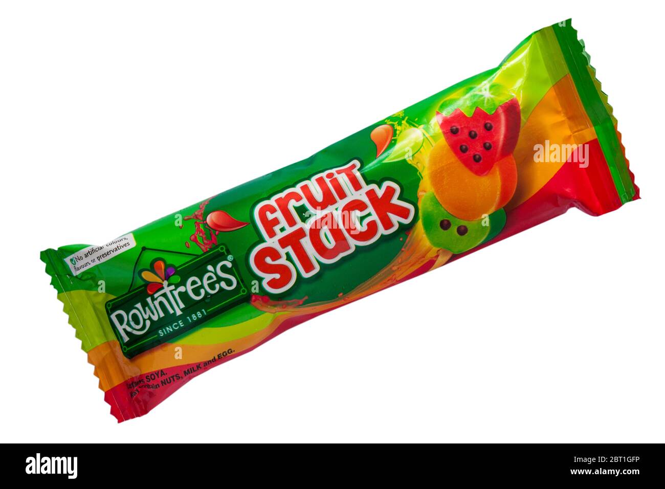 Rowntrees Fruit Stack ice lolly isolated on white background - Apple, orange and strawberry fruit ice with chocolate flavoured pieces Stock Photo