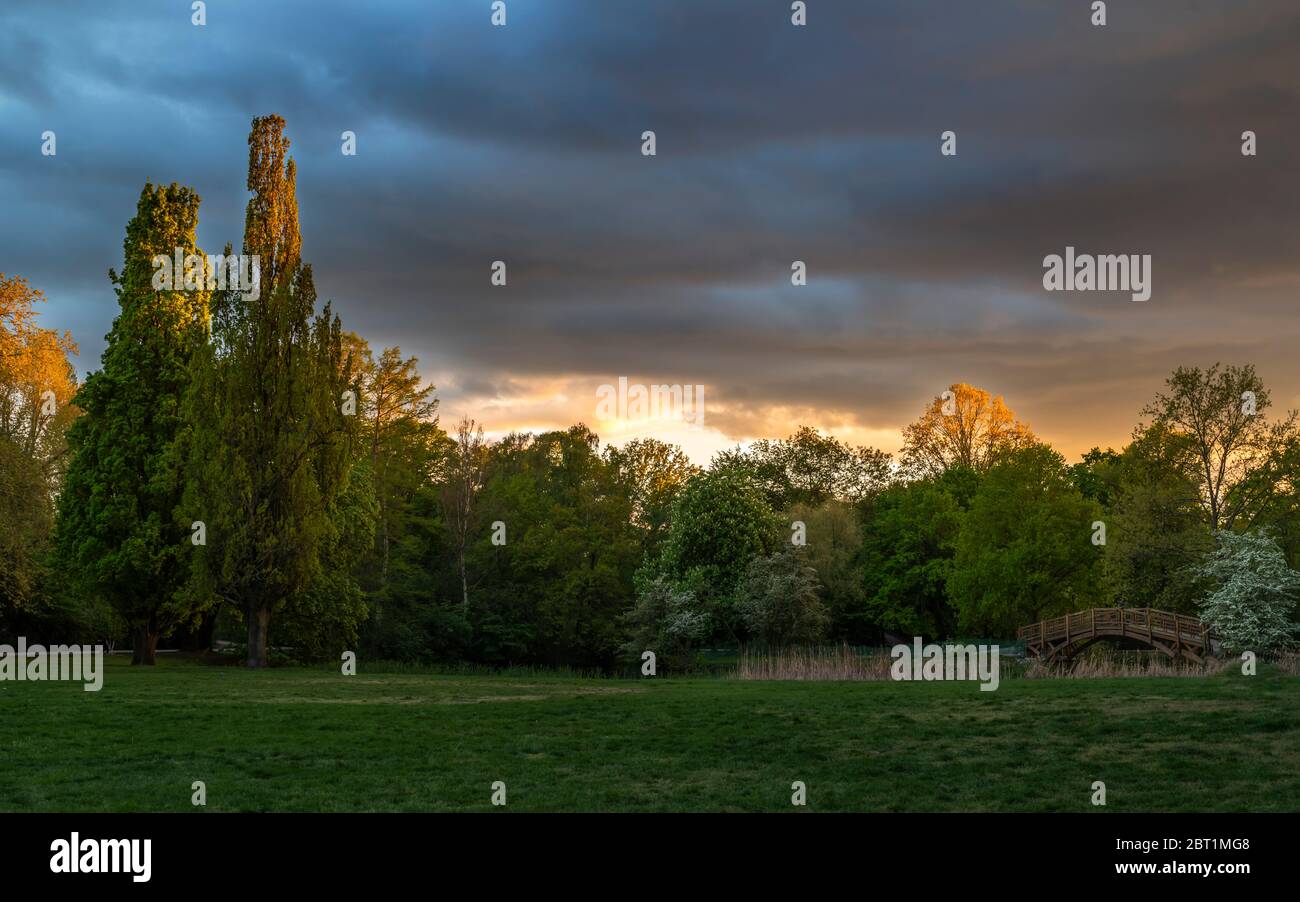 Sonnenuntergang im Johannapark, Leipzig, bei erstaunlichem Abendlicht mit Wolken und Sonne Stock Photo