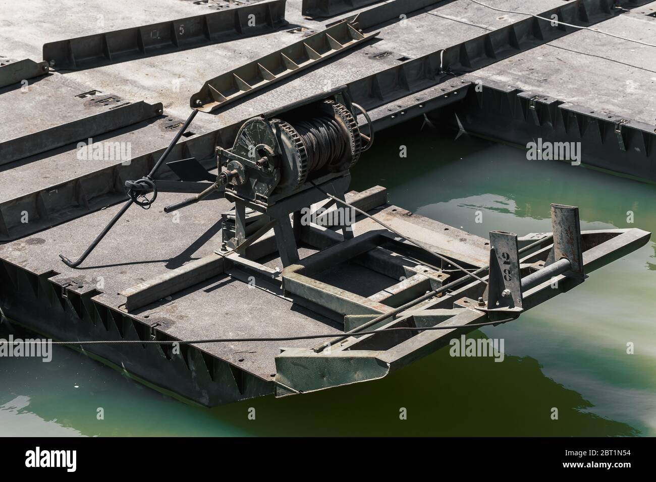 Manual winch on floating boat bridge mounted by the regiment of pontoniers and Engineers of the