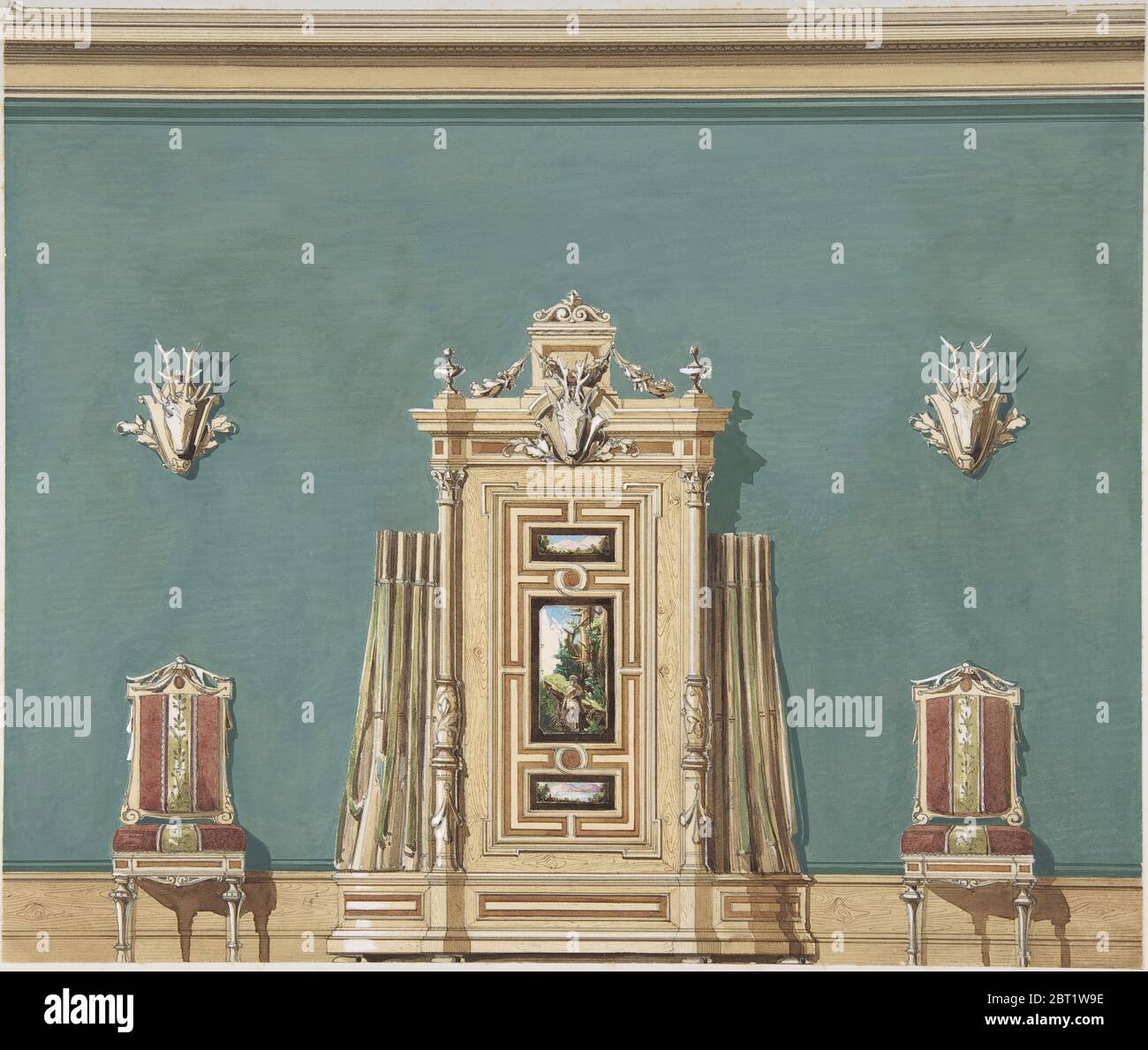 Interior Design Witha Gun Cabinet And Two Chairs Against A Green Wall Adorned With Trophies Late 19th Century Stock Photo Alamy