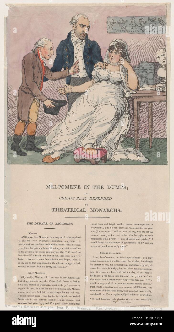 Melpomene in the Dumps, or Child's Play Defended by Theatrical Monarchs, 1804. Stock Photo