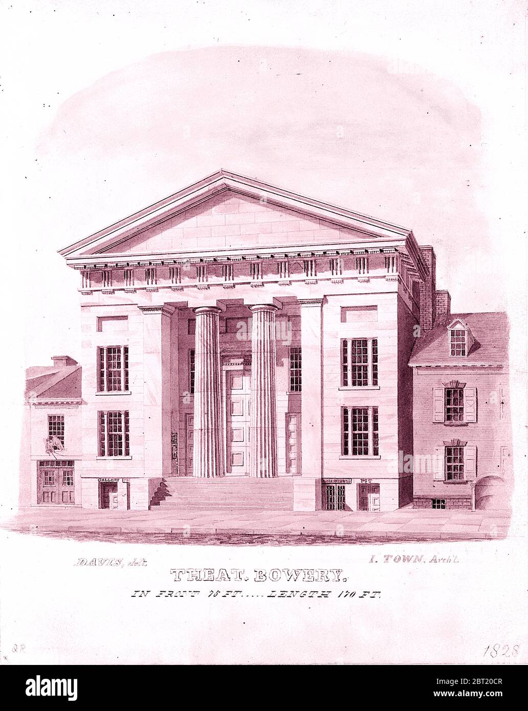 New Bowery Theatre, Elizabeth Street Facade, New York, 1828. Stock Photo