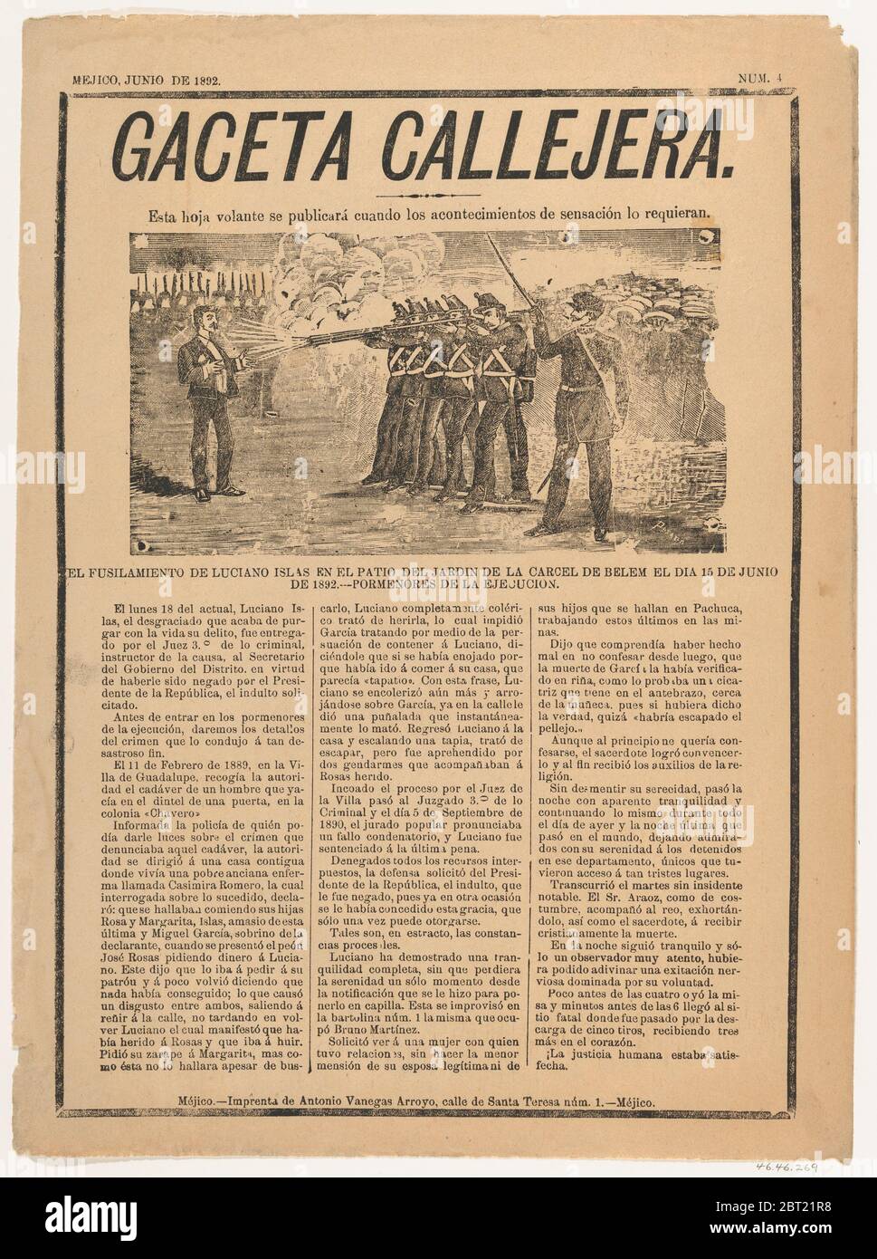 Page from the periodical 'Gaceta Callejera' relating to the execution by firing squad of Luciano Islas in the patio on the prison at Belen, 1892. Stock Photo
