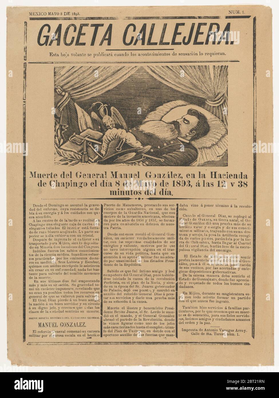 Page from the periodical 'Gaceta Callejera' relating to the death of General Gonz&#xe1;lez in Chapingo on 8 May 1893, 1893. Stock Photo