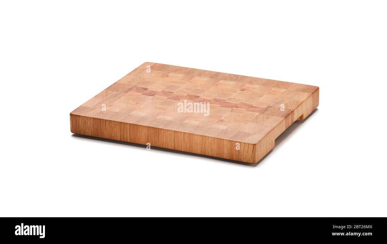 Cutting Board. End grain cutting board isolated over white background. Large Depth of Field. Stock Photo