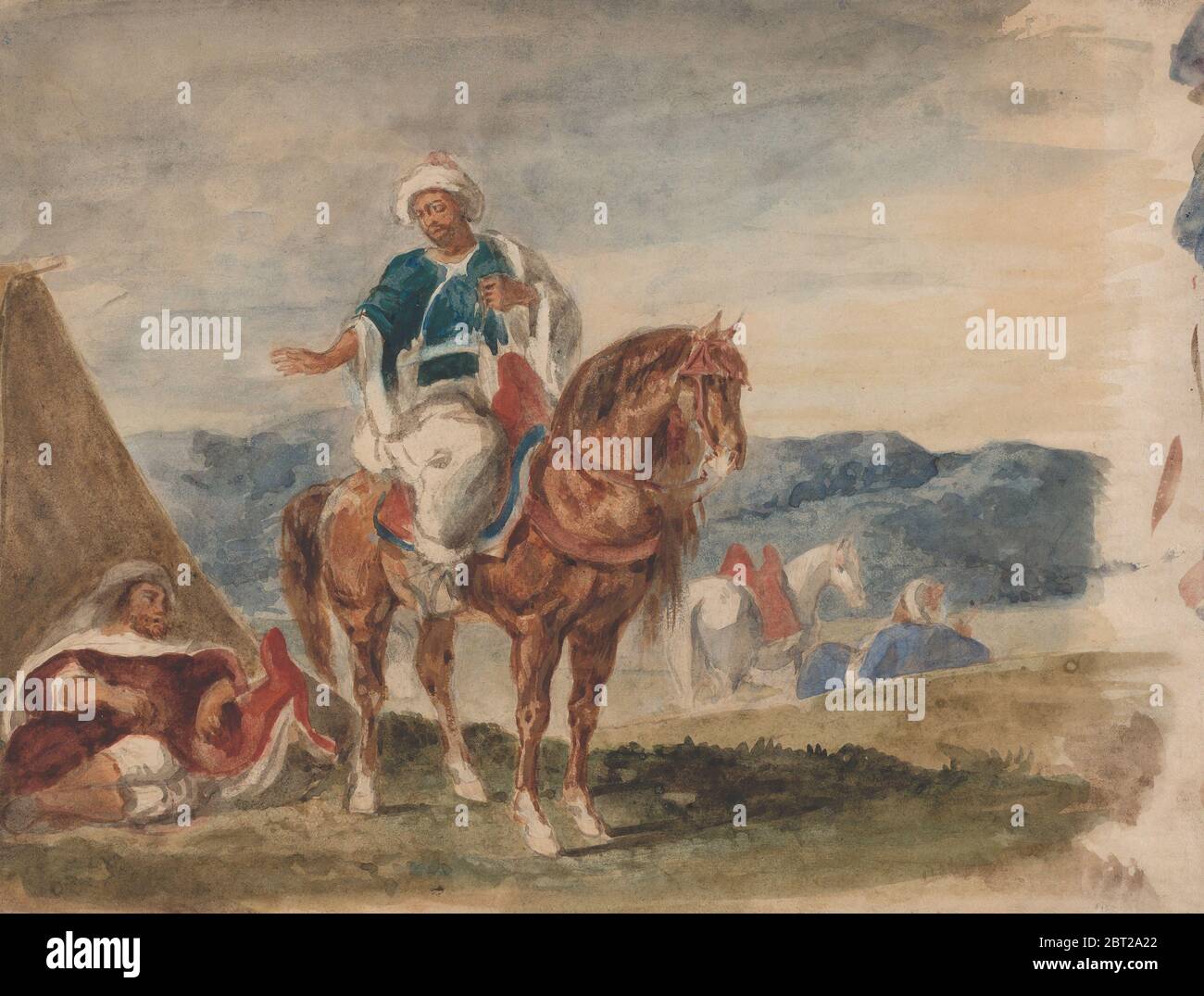 Three Arab Horsemen at an Encampment, 1832-37. Stock Photo