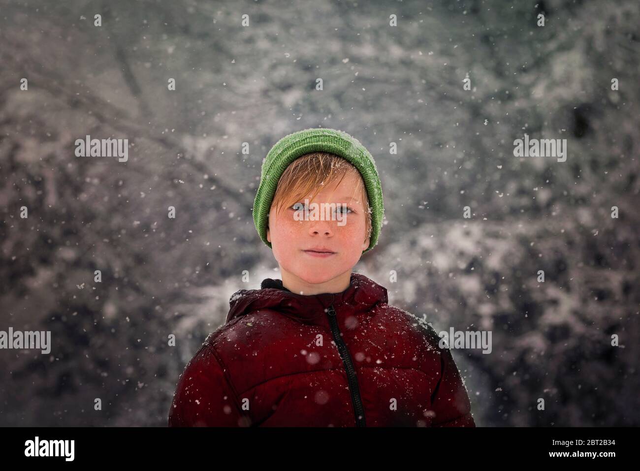 Portrait of a boy standing in the forest in the snow, USA Stock Photo