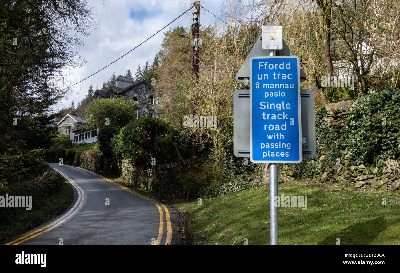 bilingual sign on welsh road Betwy y-coed North Wales March 2020 Stock Photo