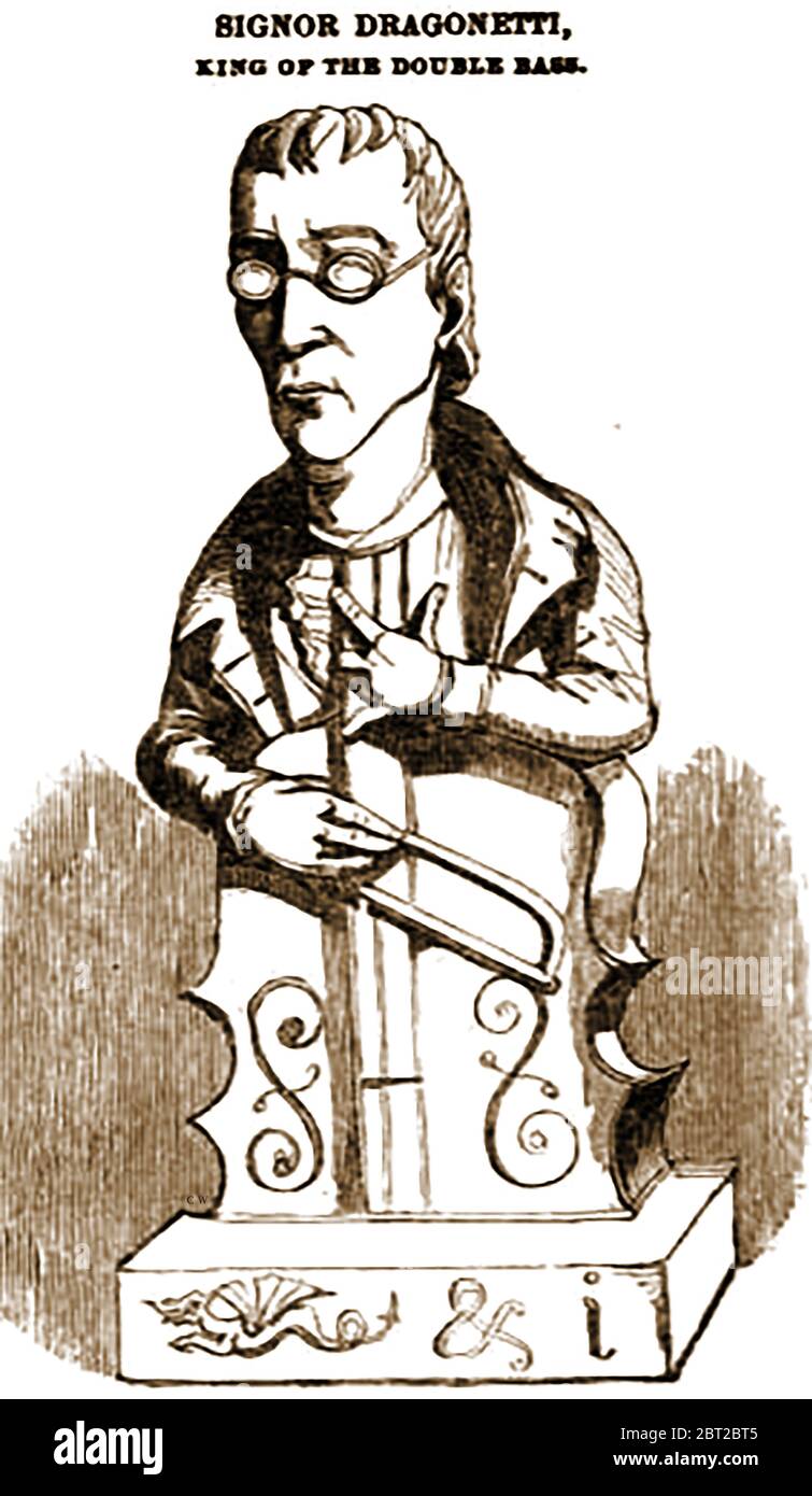 An 1842 caricature portrait of Domenico Dragonetti, styled 'King of the Double Base'. Domenico Carlo Maria Dragonetti (1763 –  1846) was an Italian double bass virtuoso and composer well known for his  3 string double bass. He played for 30 years in his home town of Venice at the Opera Buffa, at the Chapel of San Marco and at the Grand Opera in Vicenza. He finally moved to London to play in the orchestra of the King's Theatre. He became friends with a number of prominent people including Joseph Haydn and Ludwig van Beethoven. He is  remembered  for the Dragonetti bow which he invented. Stock Photo