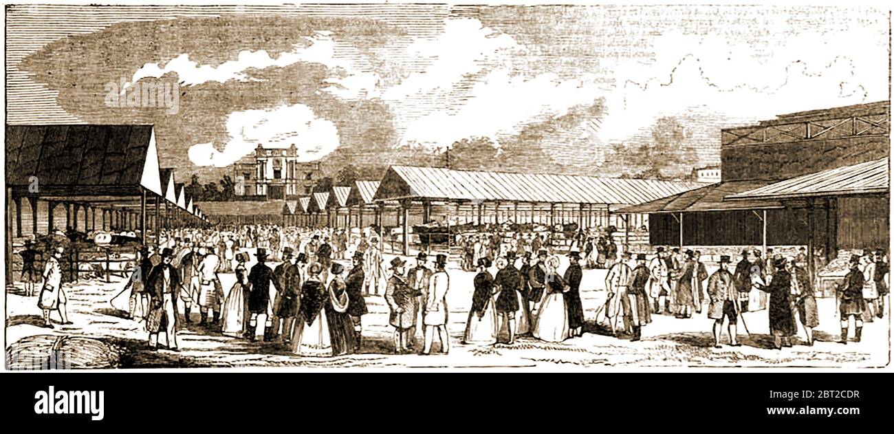 An historic engraving of the Royal Agricultural Society show yard and grounds, Bristol,UK, 1842. It had been  pre-dated by the Bath and West Society (1777), Highland Society (1784) and the Smithfield Club (1798) which continued to arrange their own shows. Stock Photo