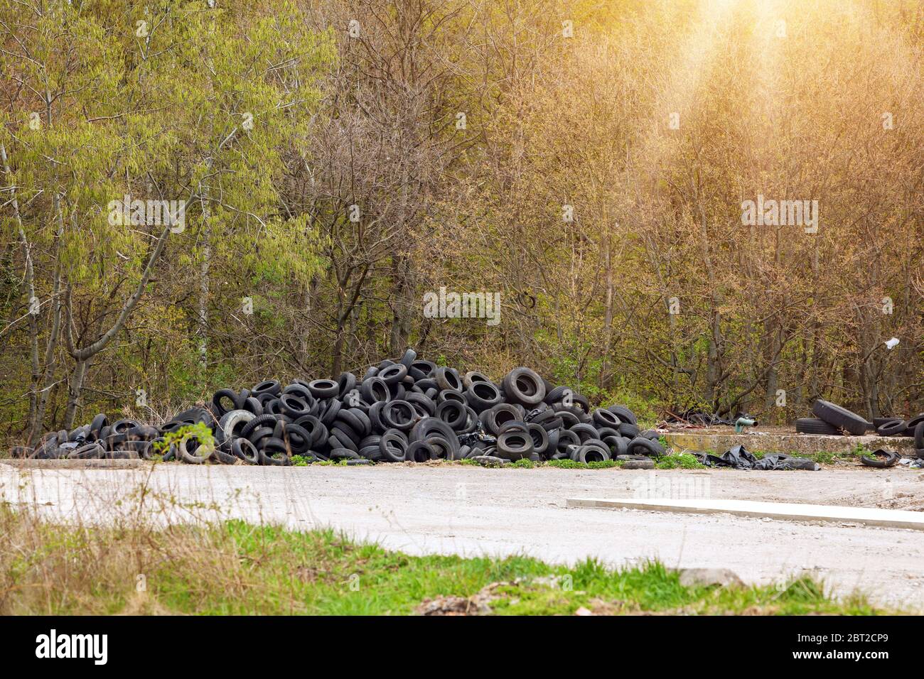 Illegal dump near the country road in the country on sunny day. Trash