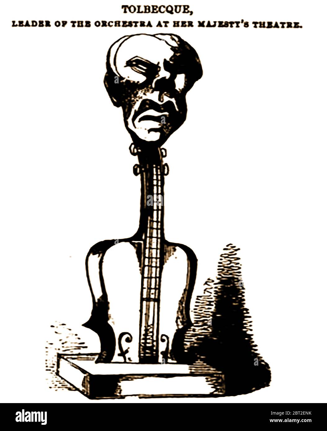 A musical caricature portrait of Tolbecque leader of the orchestra at Her Majesty's Theatre, London in 1842 . August-Joseph Tolbecque (1801-1869) was a Belgian-French musician who played violin and viola. He   was a pupil of Kreutzer at the Paris Cons. where he won the premier Prix (1821). He was also  member of the Opera orchestra and played in the Société des Concerts du Conservatoire; subsequently  at Her Majesty’s Theatre in London, England. Stock Photo