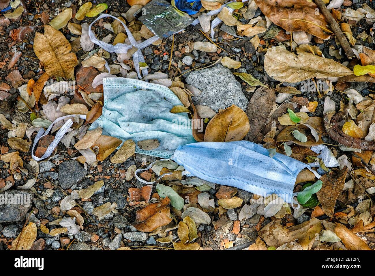 Masks thrown on the floor during lockdown due to the COVID-19 pandemic ...