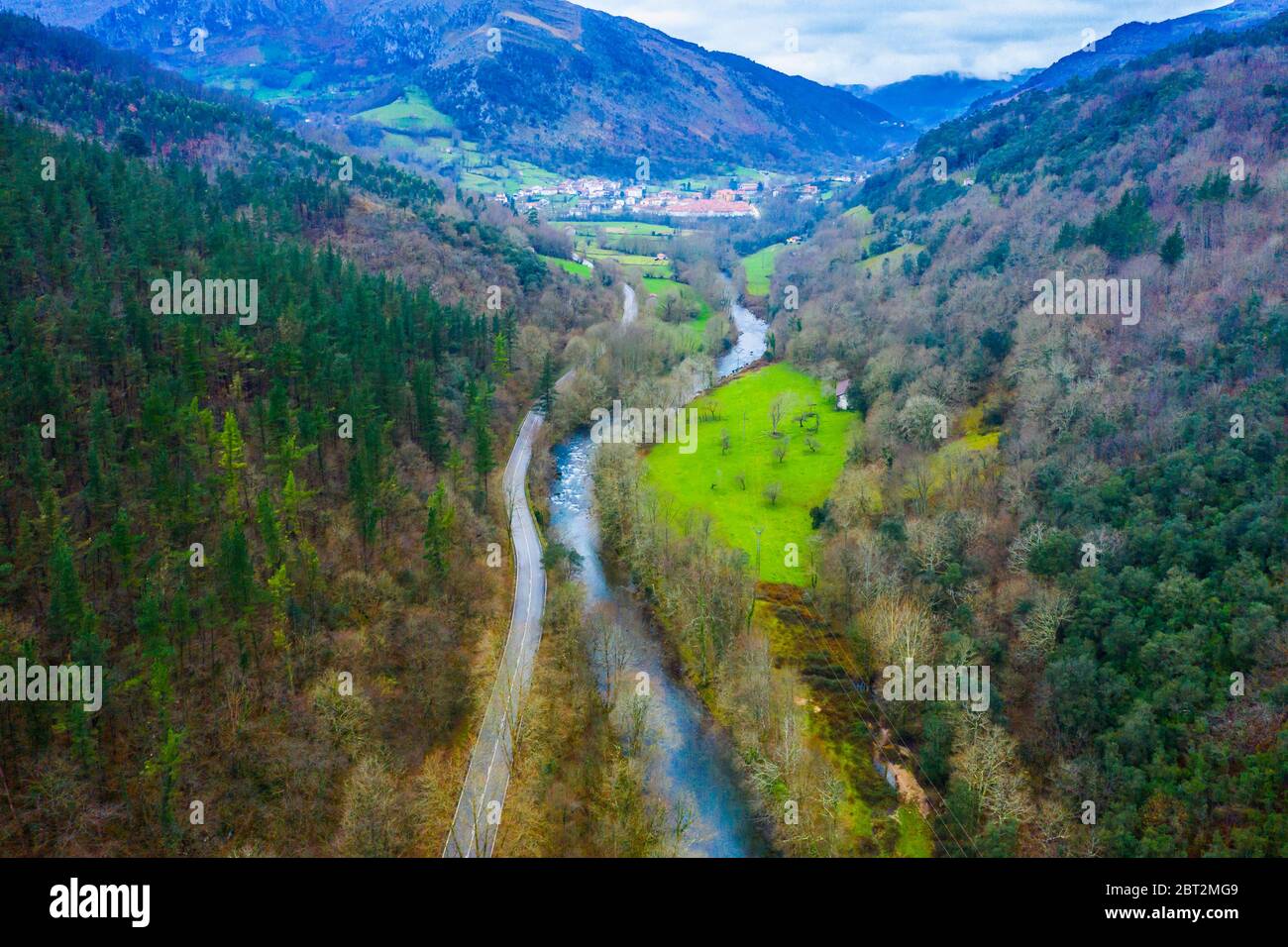Riverbed and valley aerial view. Stock Photo