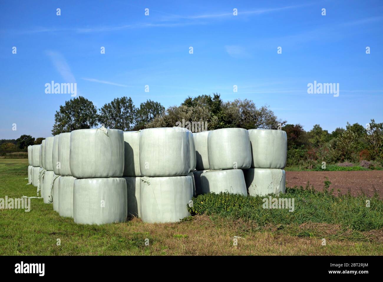 hay bales wrapped in foil and stacked on top of each other for storage