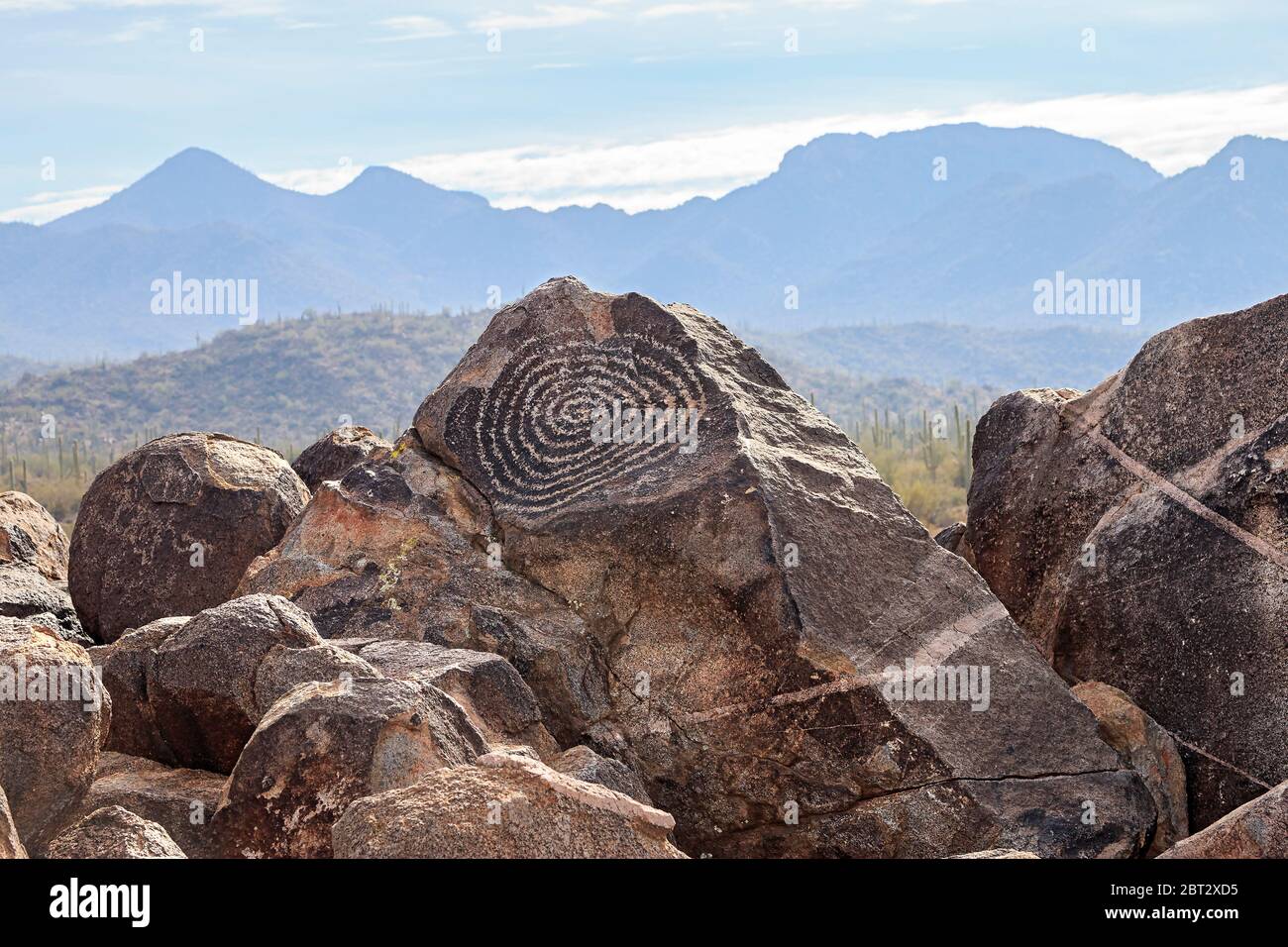 The rock art found within Saguaro National Park was created by the prehistoric Hohokam people who lived here between 300 and 1450 AD. Stock Photo