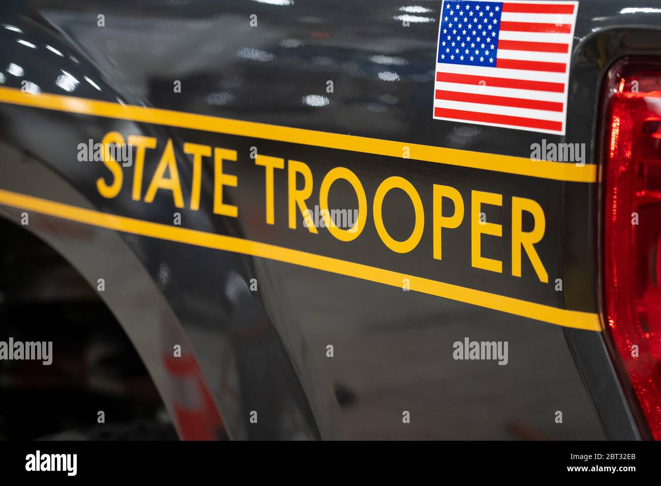 Harrisburg, PA / USA - January 8, 2020: Close up of the State Trooper ID on a Pennsylvania State Police vehicle, on display at the annual PA Farm Show Stock Photo