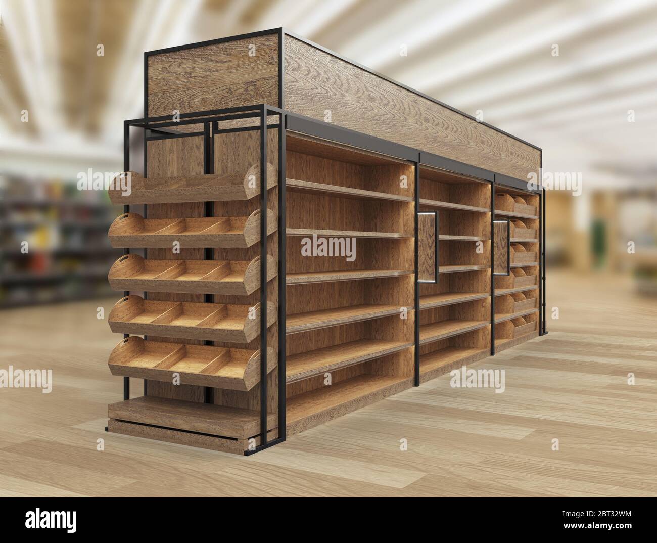 Bakery and Bread Display, Wood Slat Gondola Shelving Kit. 3d rendering.  Bakery and Bread Display, Wood Slat Gondola Shelving Kit. 3d rendering  Stock Photo - Alamy