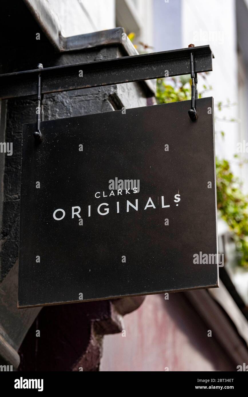 Clarks logo seen on one of their branches at Berwick Street.British-based  international shoe manufacturer and retailer C. & J. Clark international  Ltd, trading as clarks is to cut nearly 1,000 head office