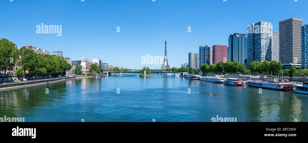 Eiffel Tower, Seine river and Statue of Liberty in Paris, France. Stock Photo