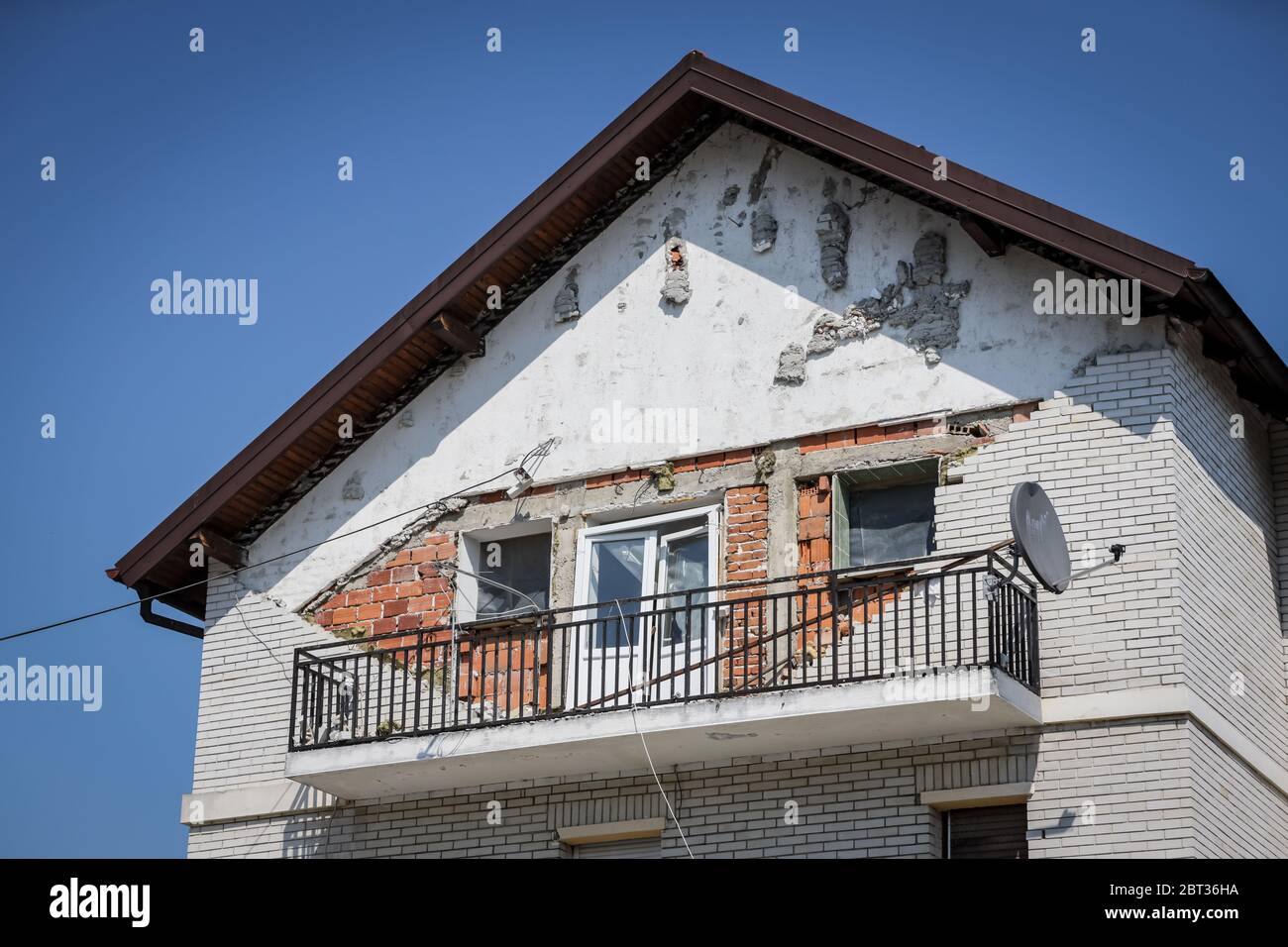 Zagreb, Croatia - 12 April, 2020 : Damage house after a strong earthquake of 5.5 on the Richter scale one month ago in Zagreb, Croatia Stock Photo
