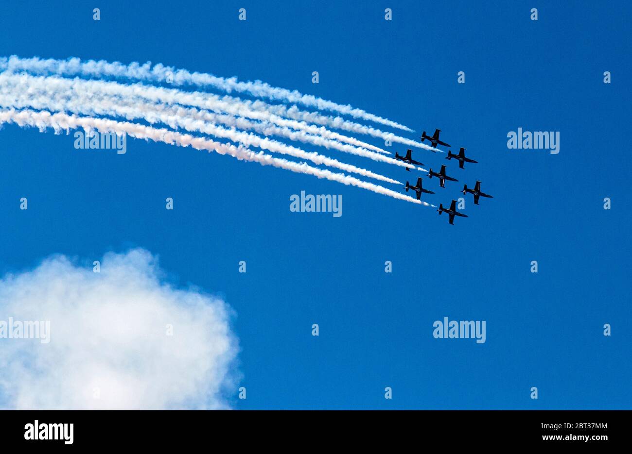 The Breitling Jet Team performing at Seattle’s 2015 Seafair Air Show. The team is the largest civilian aerobatic display team in Europe. Based in Dijon, France, it flies seven Czech Aero L-39 Albatros jets. The team flies a display lasting 18–20 minutes that includes formation flying, opposition passes, solo routines, and synchronized maneuvers. They flew in the US for the first time in 2015. These planes represent an excellent compromise between performance, aesthetics, reliability and operating costs. They were widely used in all former Soviet bloc countries. Stock Photo