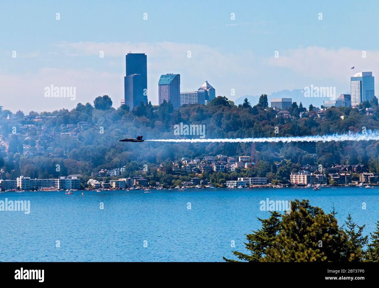 The Blue Angels performing over Seattle during the 2015 Seafair Air Show. The Blue Angels team is the United States Navy's flight demonstration squadron, with aviators from the Navy and Marines. It was formed in 1946, making it the second oldest formal flying aerobatic team in the world. The Blue Angels' six demonstration pilots fly the F/A-18 Hornet, typically in more than 70 shows at 34 locations throughout the United States each year, where they still employ many of the same practices and techniques used in their aerial displays in 1946. Stock Photo