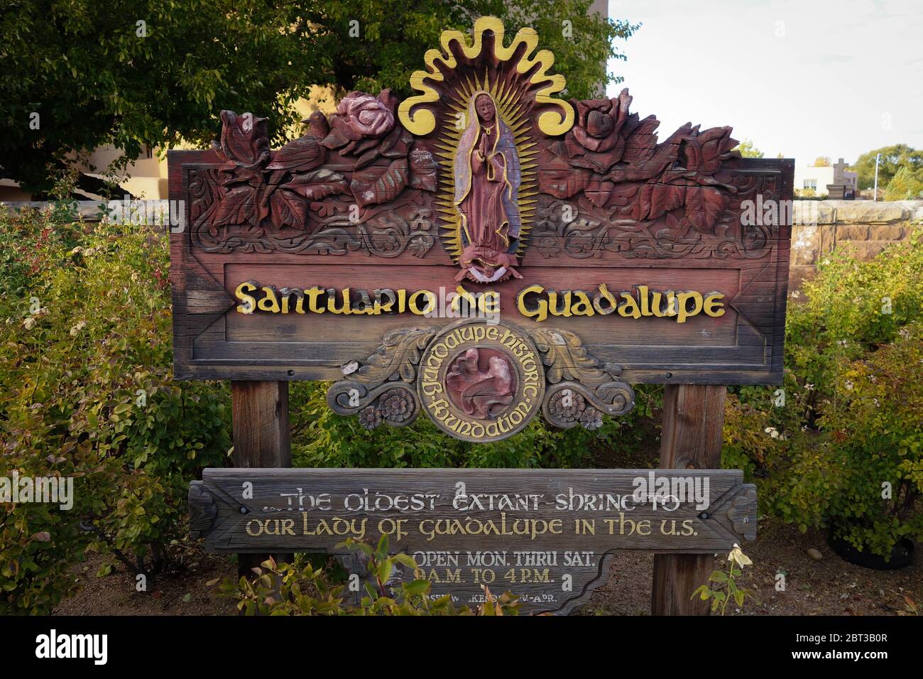 Sign by the Santuario de Nuestra Señora de Guadalupe in Santa Fe, New Mexico Stock Photo