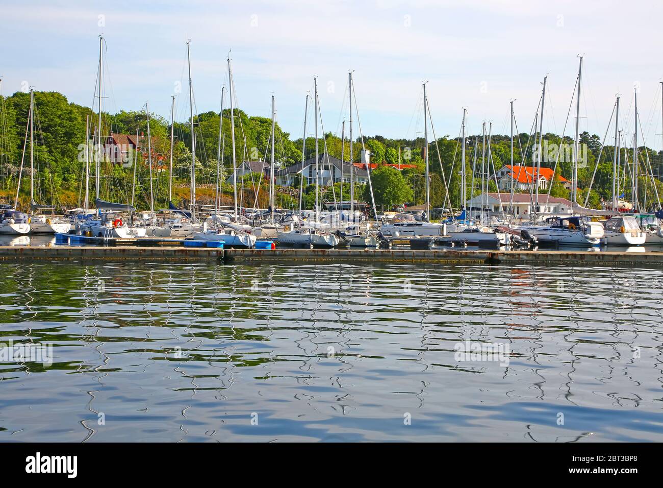 Stavanger Gjestehavn marina with lots of boats & yachts  in the water, and trees in the background, Stavanger, Rogaland county, Norway. Stock Photo
