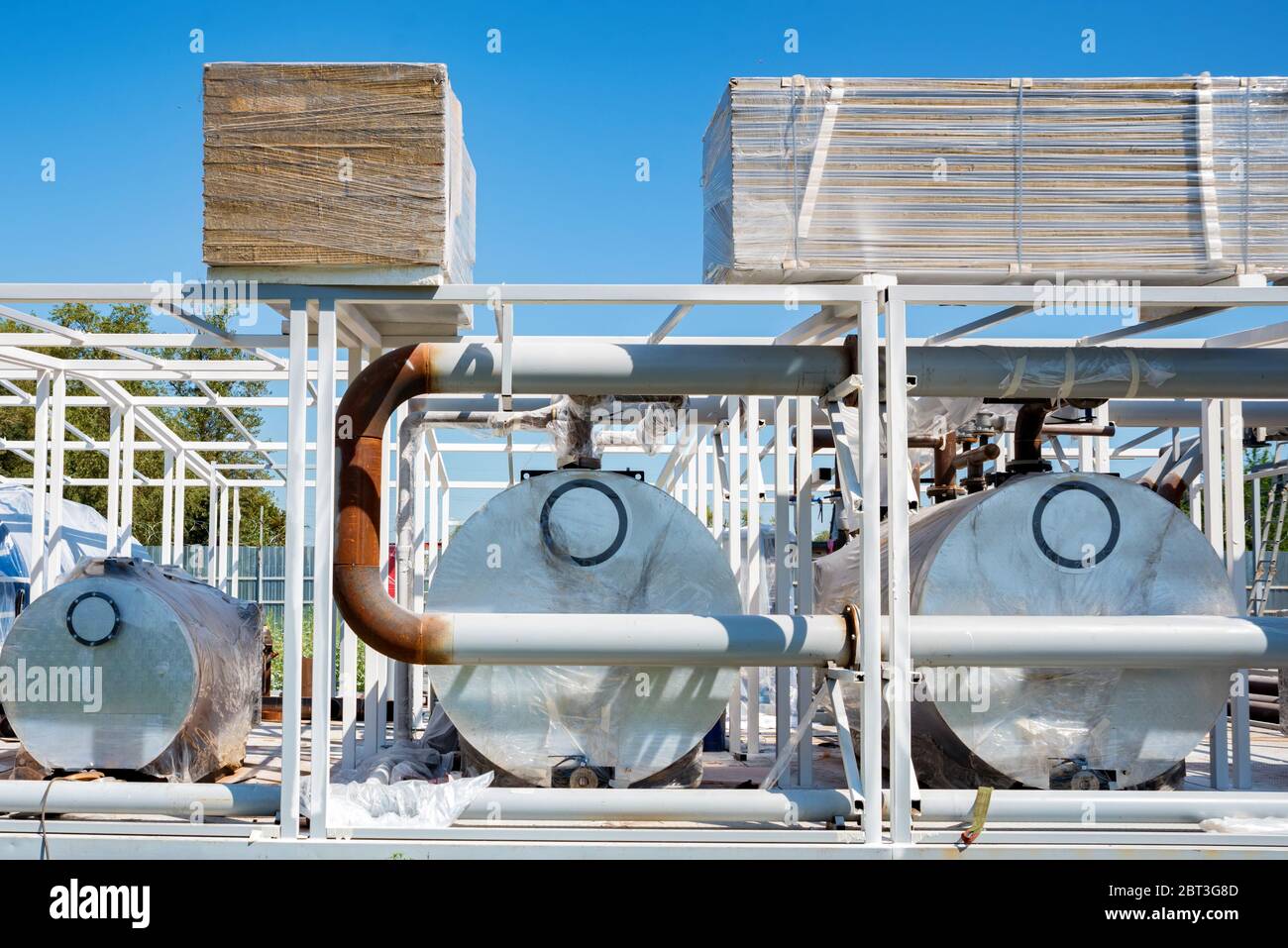 Brand new independent heating system in boiler room. Pipelines, water