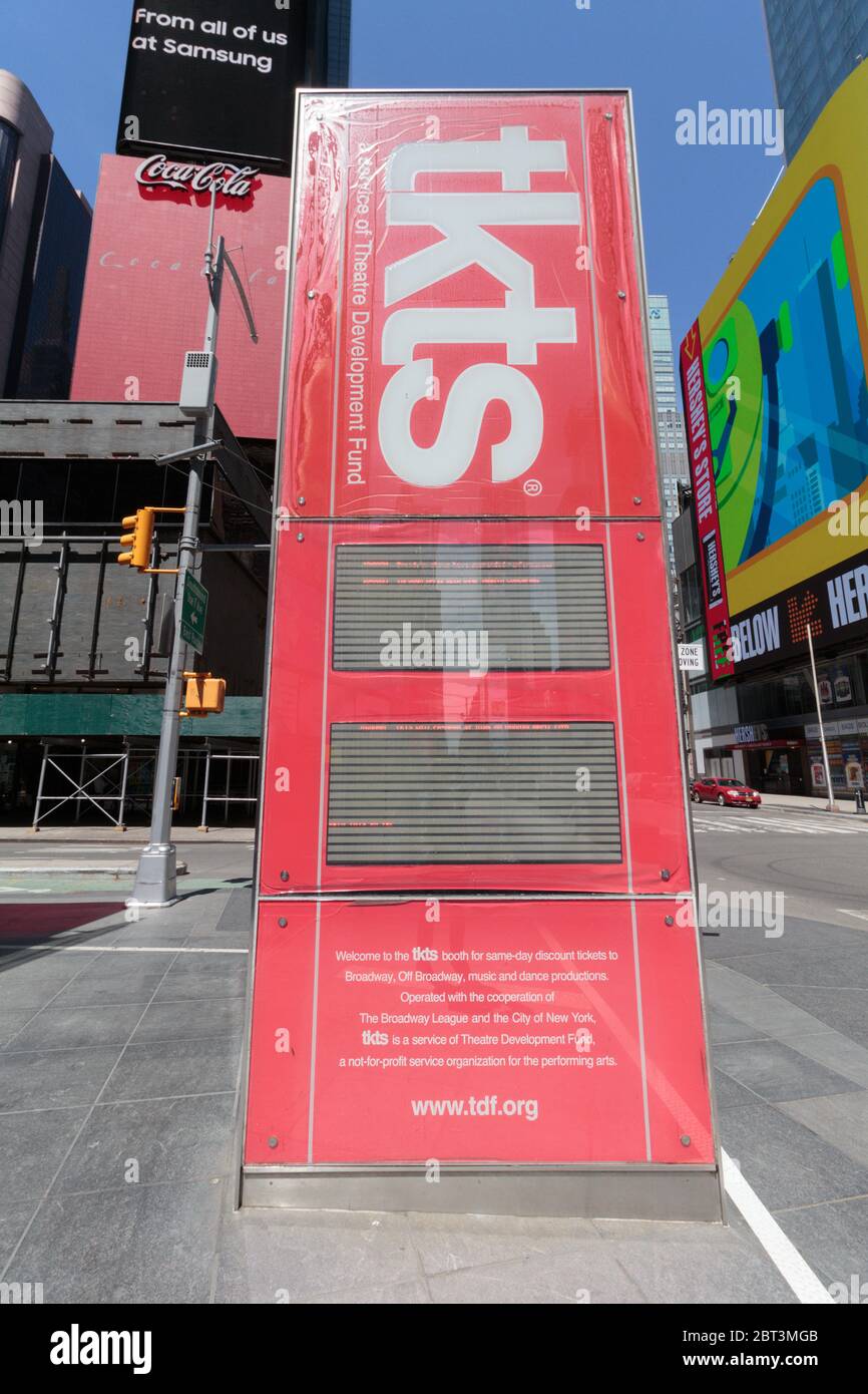 Broadway ticket booth sign in a deserted Time Square. All Broadway shows have been closed during the coronavirus or covid-19 pandemic Stock Photo