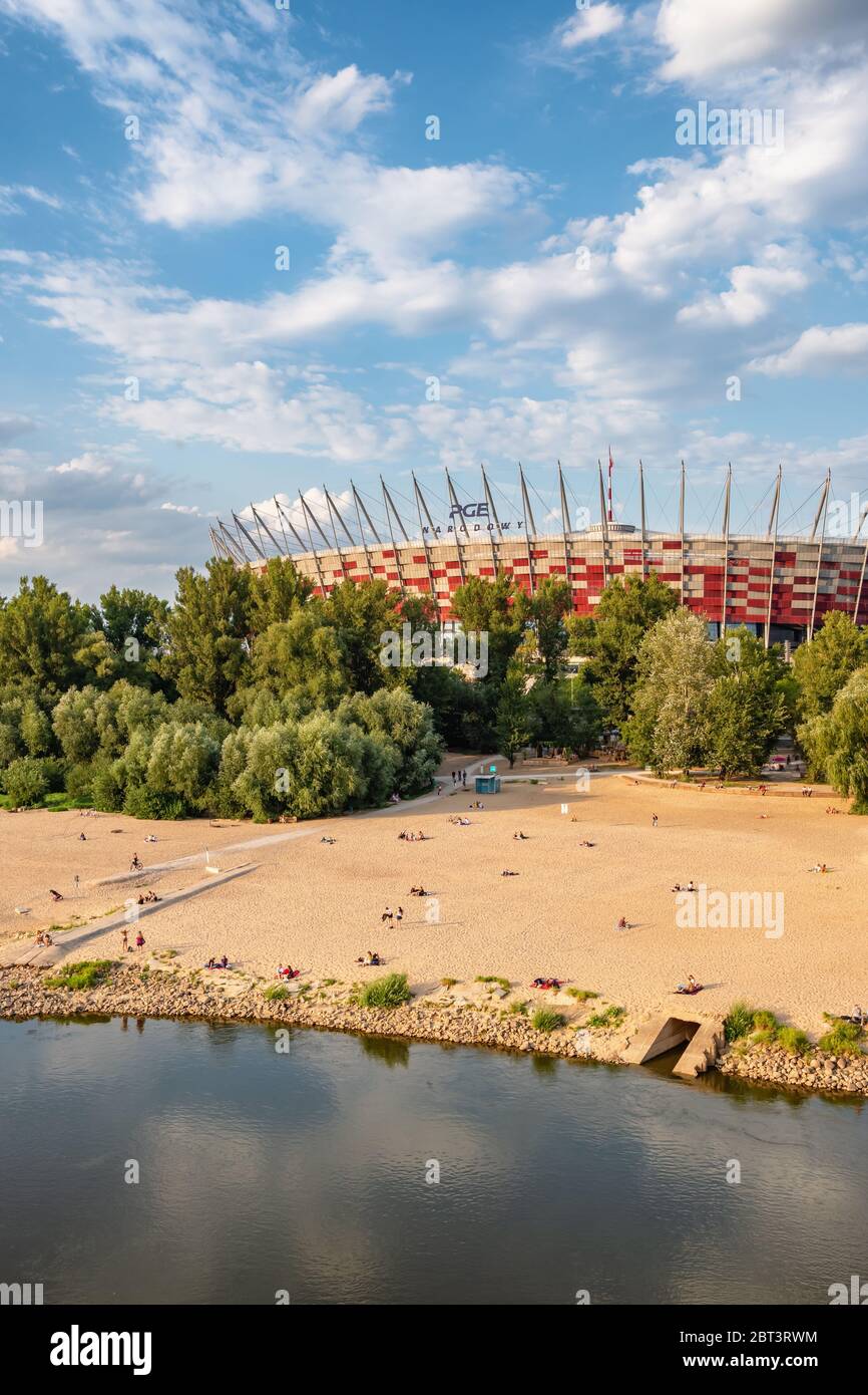 View of the National Stadium and public beach at Vistula river at spring in Warsaw Stock Photo