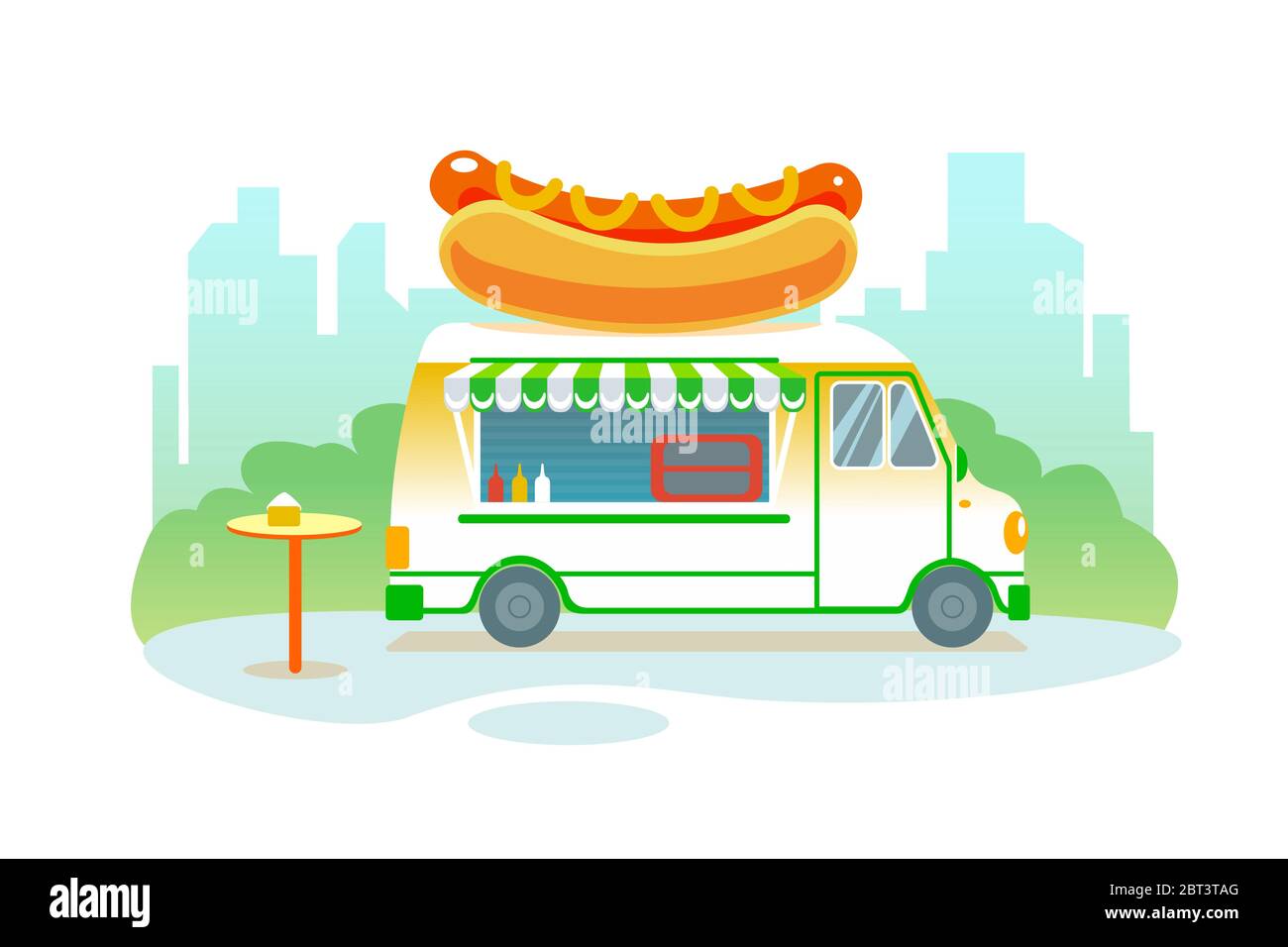 Poster with hot dog food truck in park on city background. Summer fast food festival isolated vector illustration. Street hotdog Cafe on wheels banner. Outdoor catering service. Retro car with meal. Stock Vector