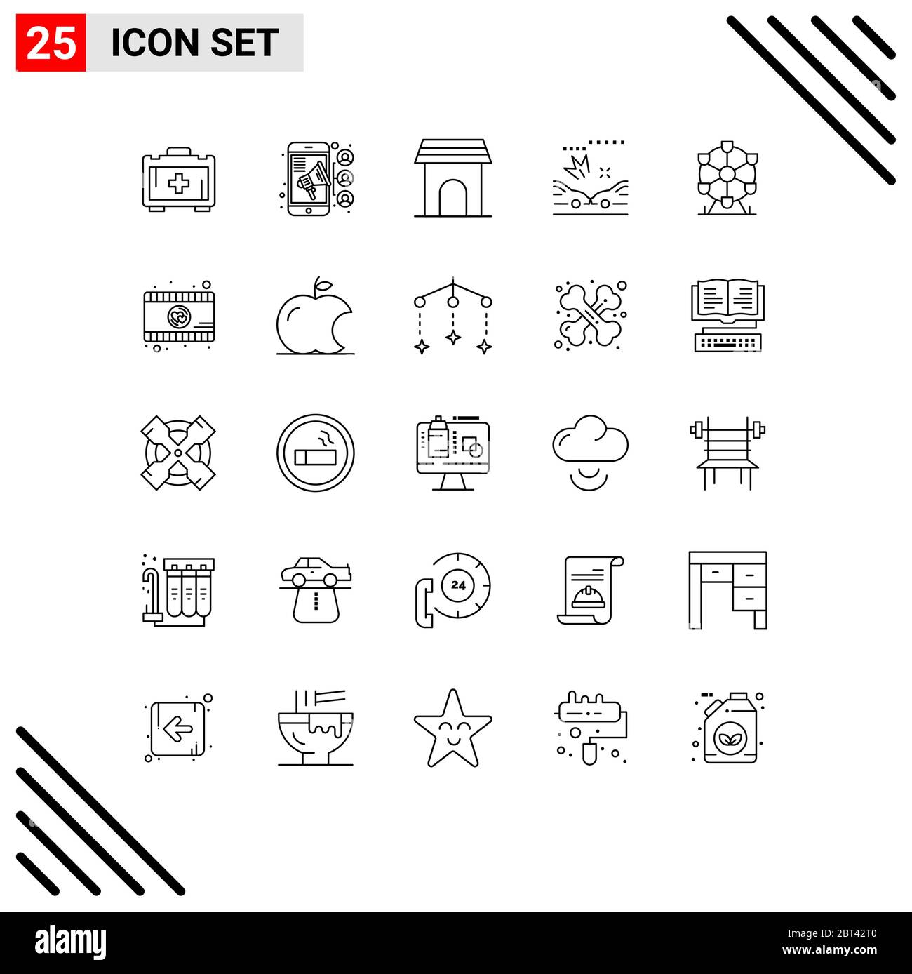 Group of 25 Lines Signs and Symbols for monument, atomium, appliance, accidents, car Editable Vector Design Elements Stock Vector