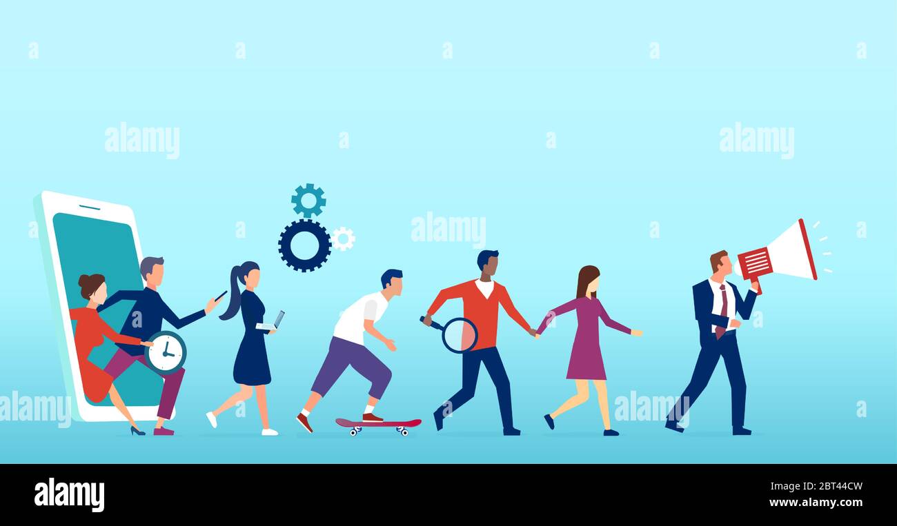 Concept of online customer referral marketing strategy. Vector of a group of people holding hands and walking out of smartphone. Stock Vector