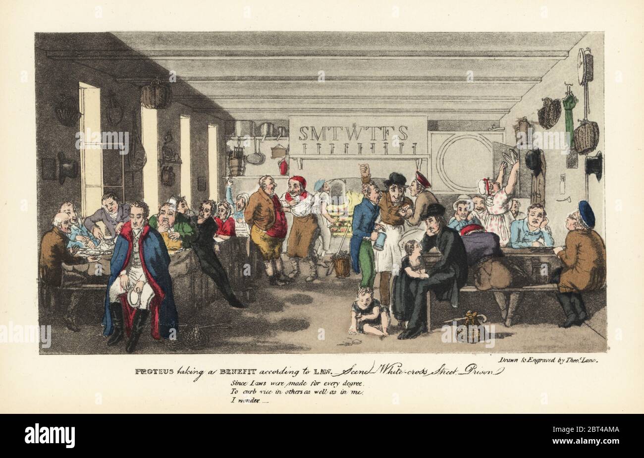 Regency gentleman in a debtors prison, Islington, London. The inmates eat and drink in a large room with a fireplace. SMTWTFS. Proteus taking a benefit according to Law. Scene: Whitecross Street Prison. Handcoloured engraving etched by Theodore Lane from Pierce Egans The Life of an Actor, Pickering and Chatto, London, 1892. Stock Photo
