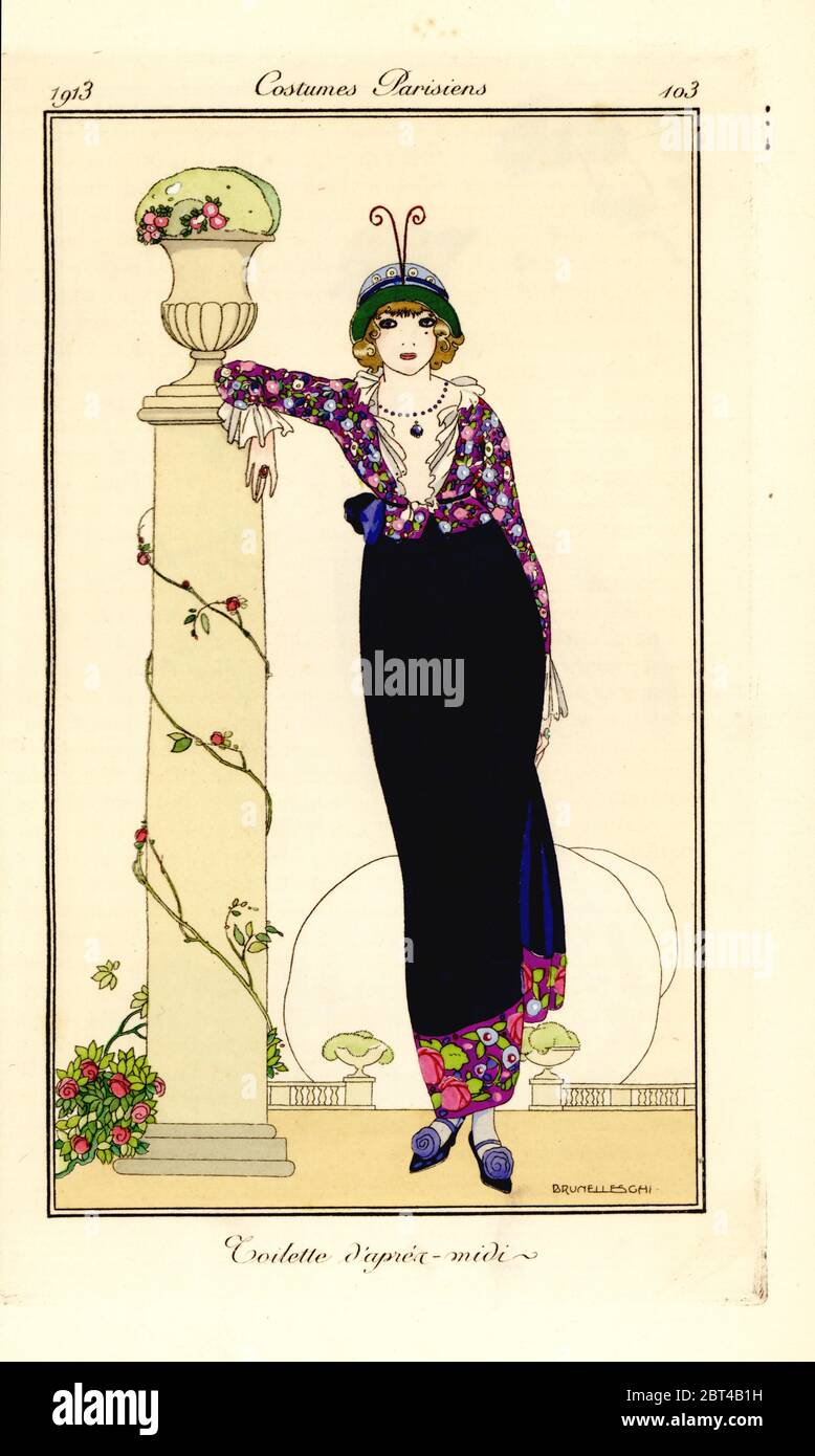Woman in afternoon outfit of long skirt with floral border, floral jacket with lace trim, leaning on a column. Toilette dapres-midi. Handcoloured pochoir (stencil) etching after an illustration by Umberto Brunelleschi from Tommaso Antonginis Journal des Dames et des Modes, Aux Bureaux du Journal des Dames, Paris, 1913. Stock Photo
